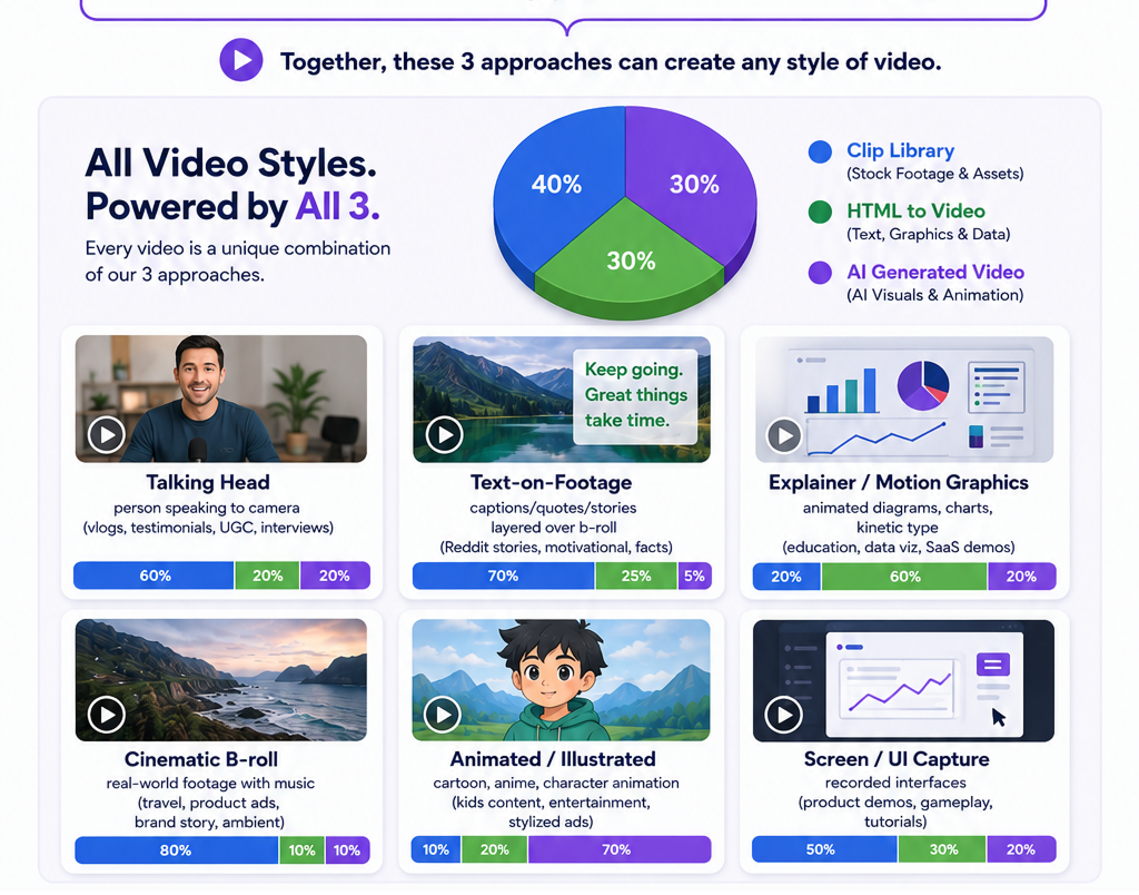 All video styles powered by all three approaches — talking-head, text-on-footage, explainer, cinematic b-roll, animated, and screen capture, each a different mix.