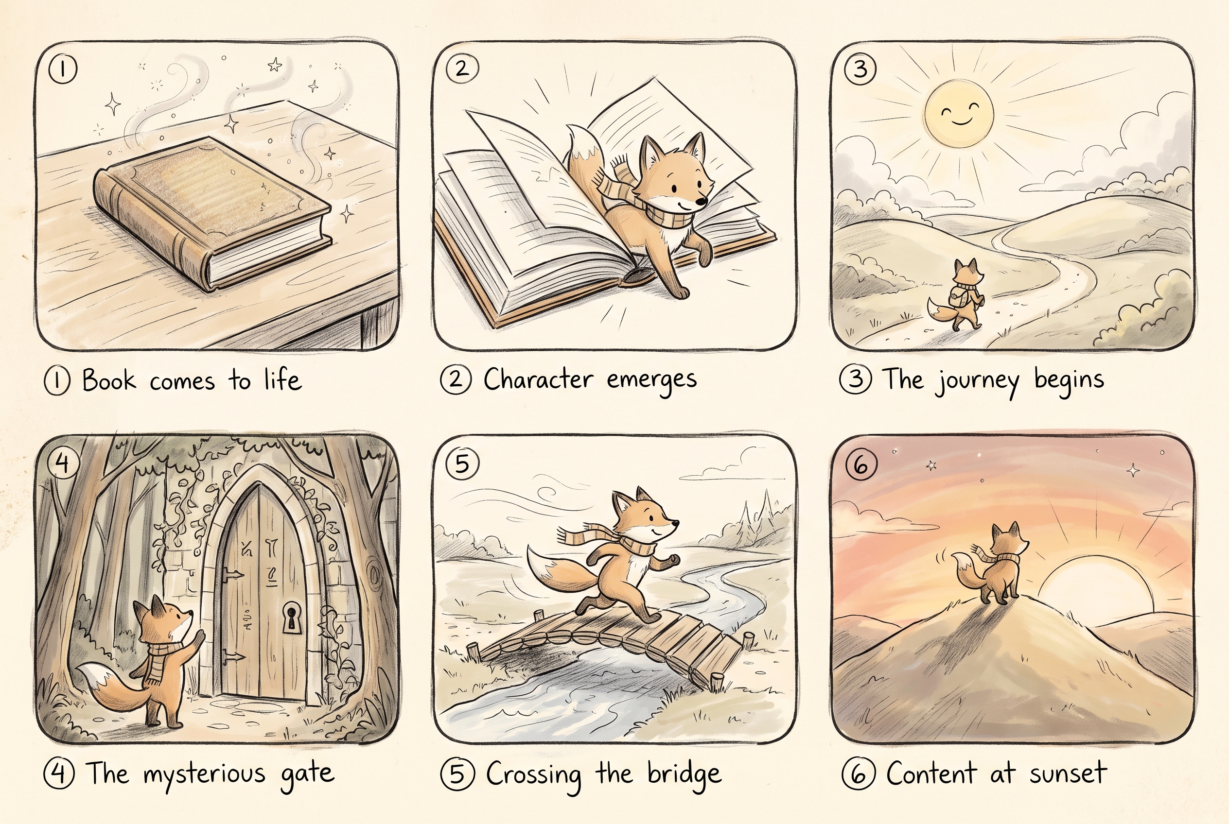 A hand-drawn six-panel storyboard sketch on cream paper, three columns by two rows. Panel 1: a closed storybook on a table with sparkles rising. Panel 2: the pages fly open and a little fox in a scarf steps out. Panel 3: the fox walks a winding path over rolling hills under a smiling sun. Panel 4: the fox looks up at a tall mysterious forest gate. Panel 5: the fox crosses a small wooden bridge over a river. Panel 6: the fox stands on a hilltop at sunset, content. Each panel a distinct scene telling one legible little story.
