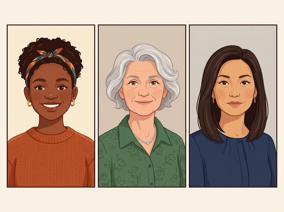 Three portrait panels, each a different-looking person