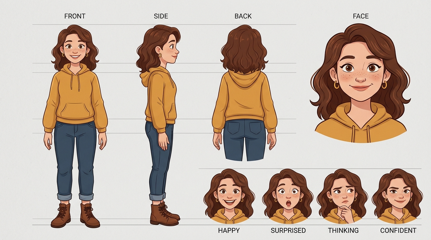 Character sprite card for Maya: full-body front, side and back turnaround, a face close-up, and a strip of happy / surprised / thinking / confident expressions, on a neutral studio background