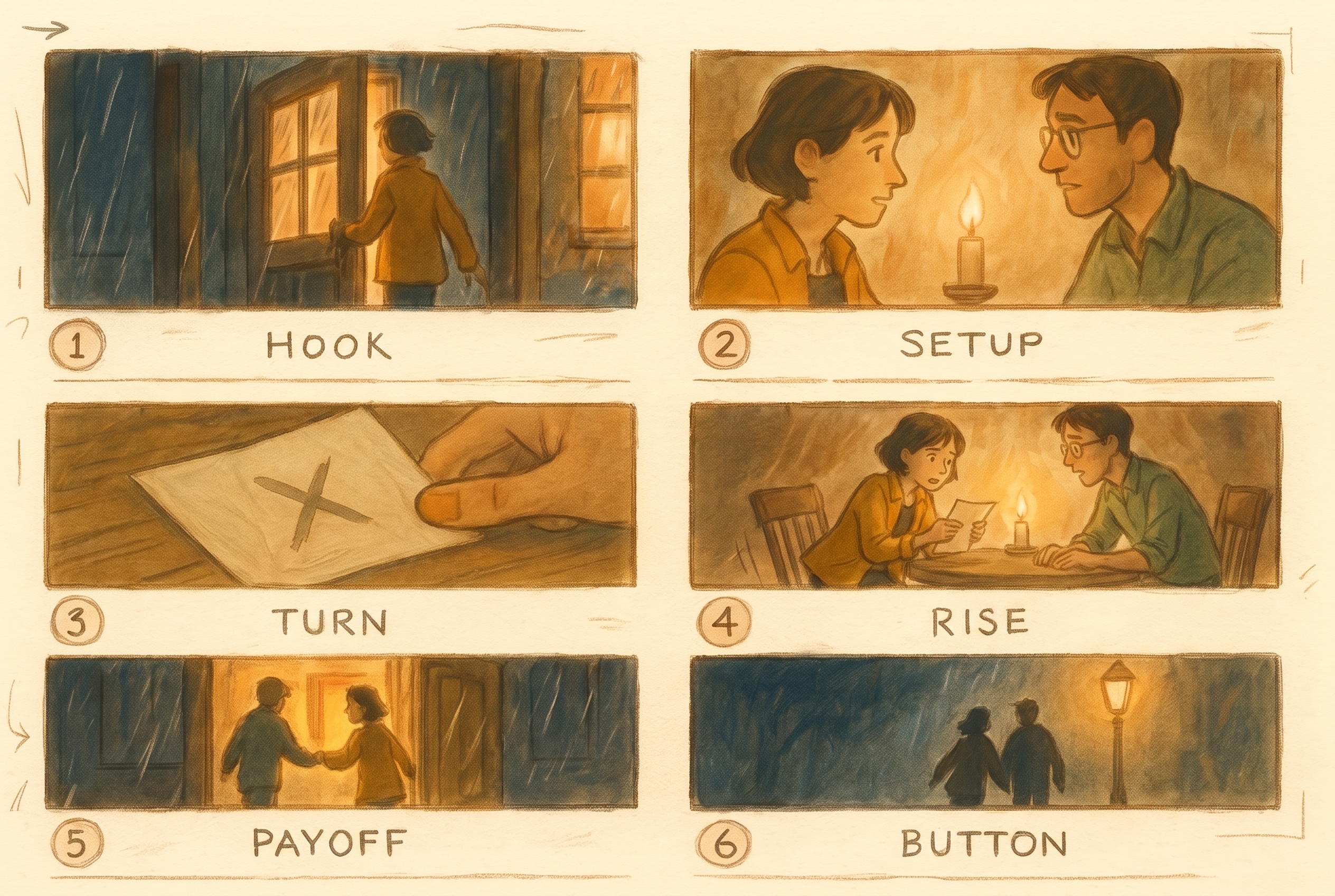 A hand-painted six-panel storyboard on cream paper, tightly packed in two columns by three rows, each panel a distinct scene. Panel 1 HOOK: Mara in a mustard jacket pushes open a rain-streaked tavern door at night. Panel 2 SETUP: Mara and Dev (green shirt, glasses) talk across a candlelit table. Panel 3 TURN: a sealed envelope marked with an X slides into frame, pushed by a hand. Panel 4 RISE: Mara reads the note, alarmed, as Dev leans in. Panel 5 PAYOFF: the two burst out into the pouring rain together. Panel 6 BUTTON: both silhouetted, walking away under a streetlamp. The same two characters stay on-model across every panel.