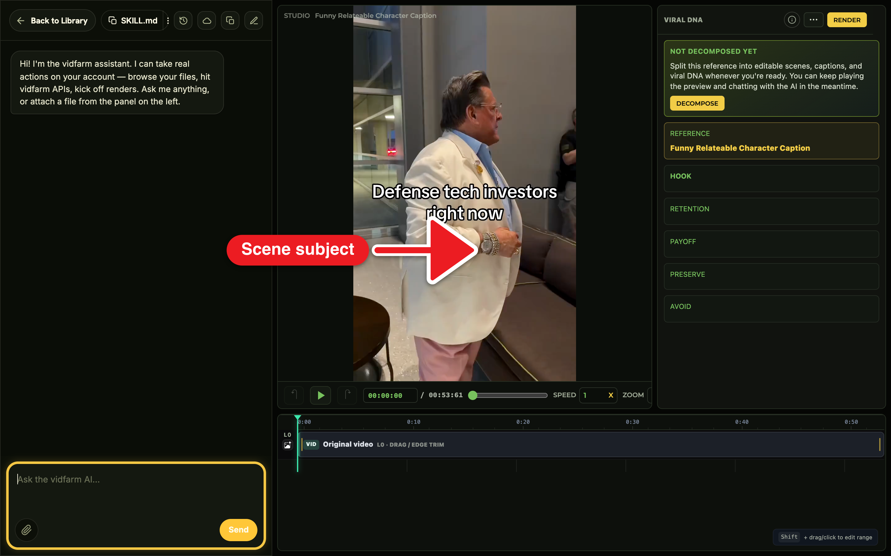 The Trackpad Editor showing scene 2 selected, the chat dock asking to replace the actor with Zara, a cost-permission prompt confirming an AI video generation, and a pending-generation placeholder on that timeline slot.