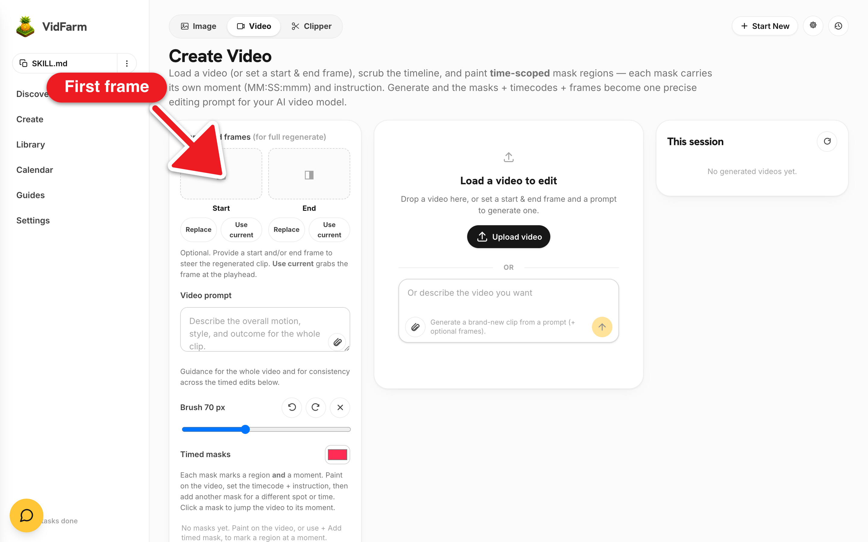 The editor generate panel for image-to-video: a first-frame slot holding the book-cover still, a motion prompt reading 'slow push-in, the title glints, embers drift', a 5-second duration field, and a cost-confirmation prompt.
