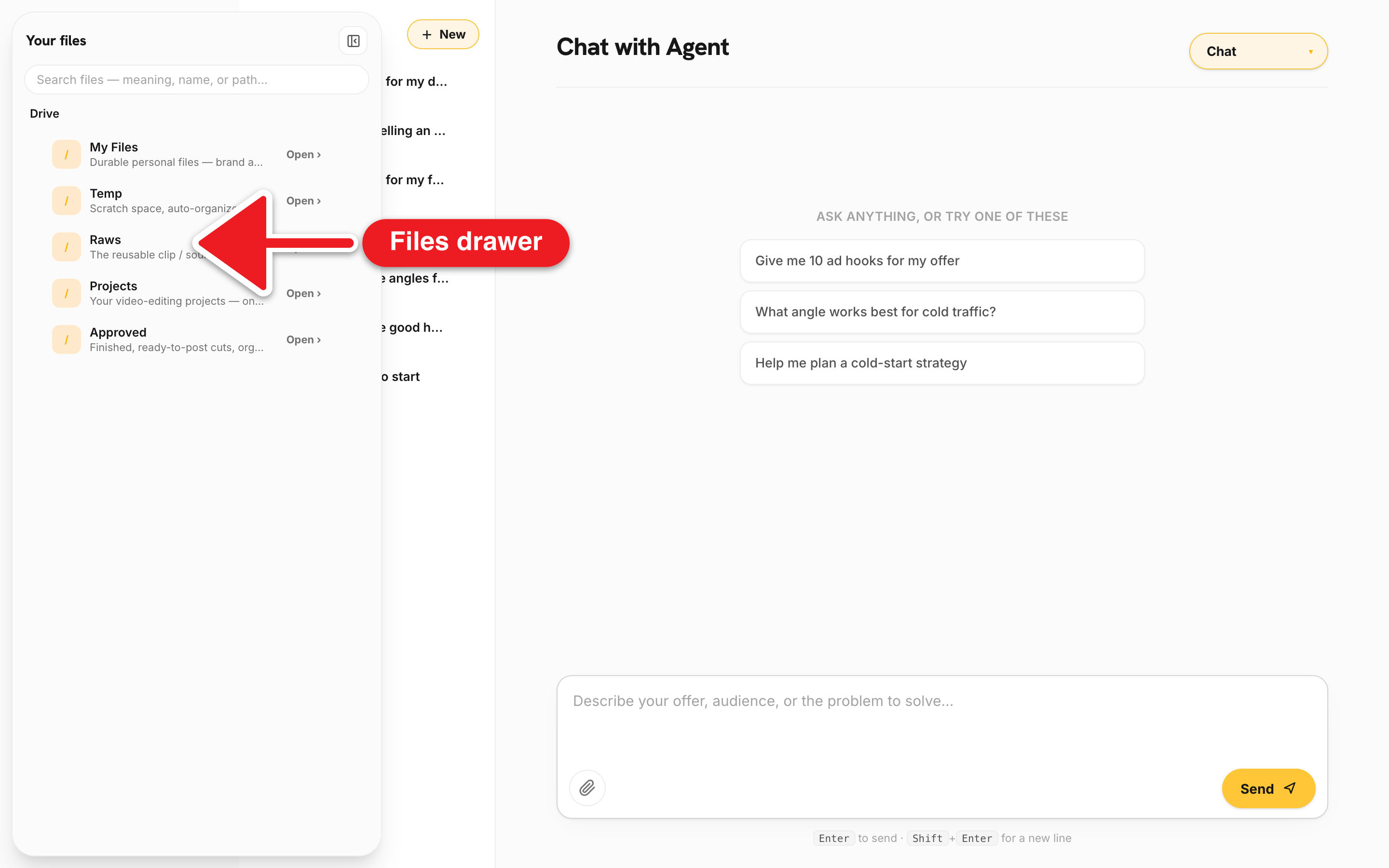 The chat dock's left 'Your files' drawer open, showing the same directory explorer in attach mode with a folder list, and an attachment chip visible in the message composer below the chat input.