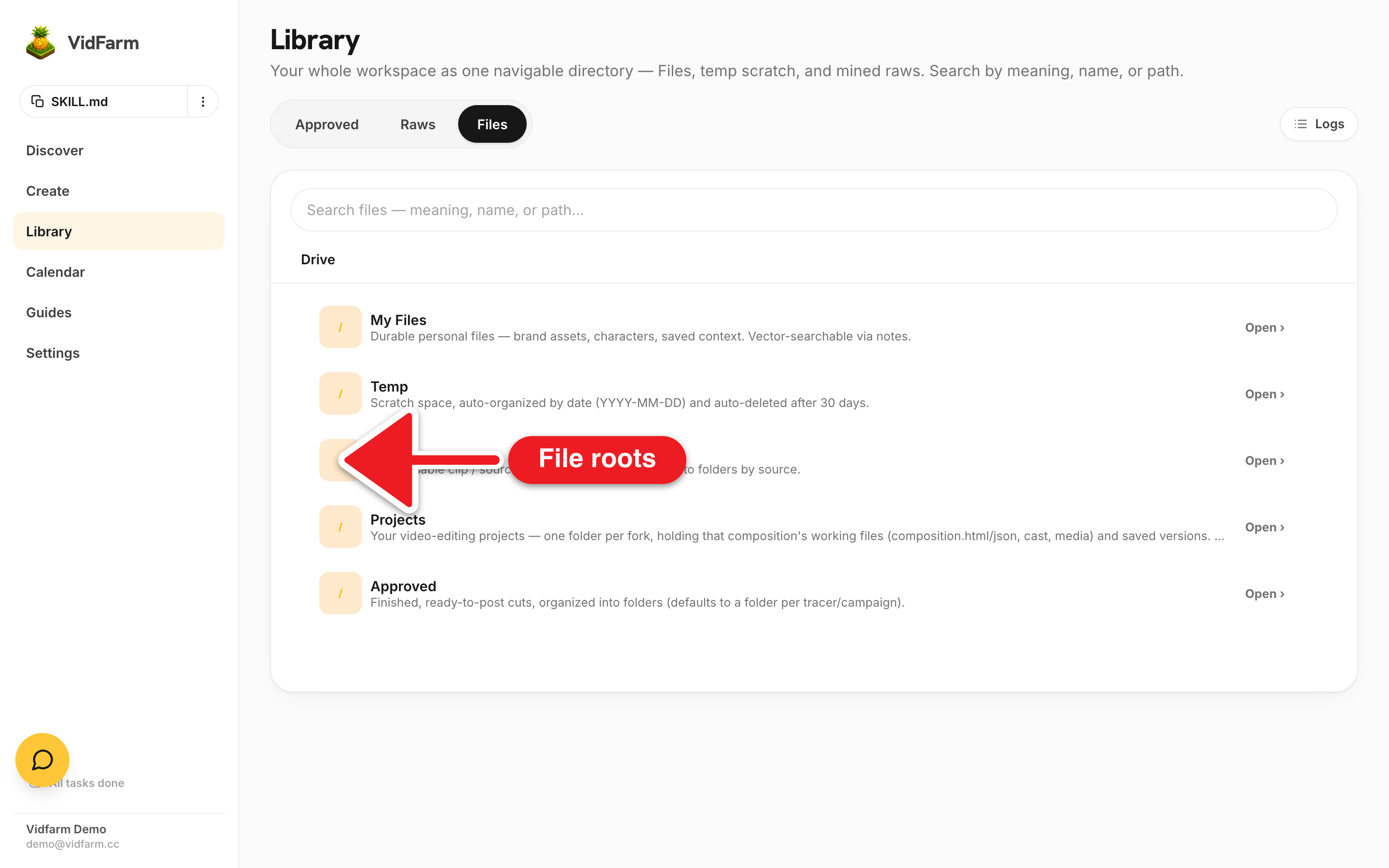 The /library/files page showing the top level of the file tree: five root folders labelled /files, /temp, /raws, /projects, and /approved, each with a folder icon and an item count, plus a search box at the top.