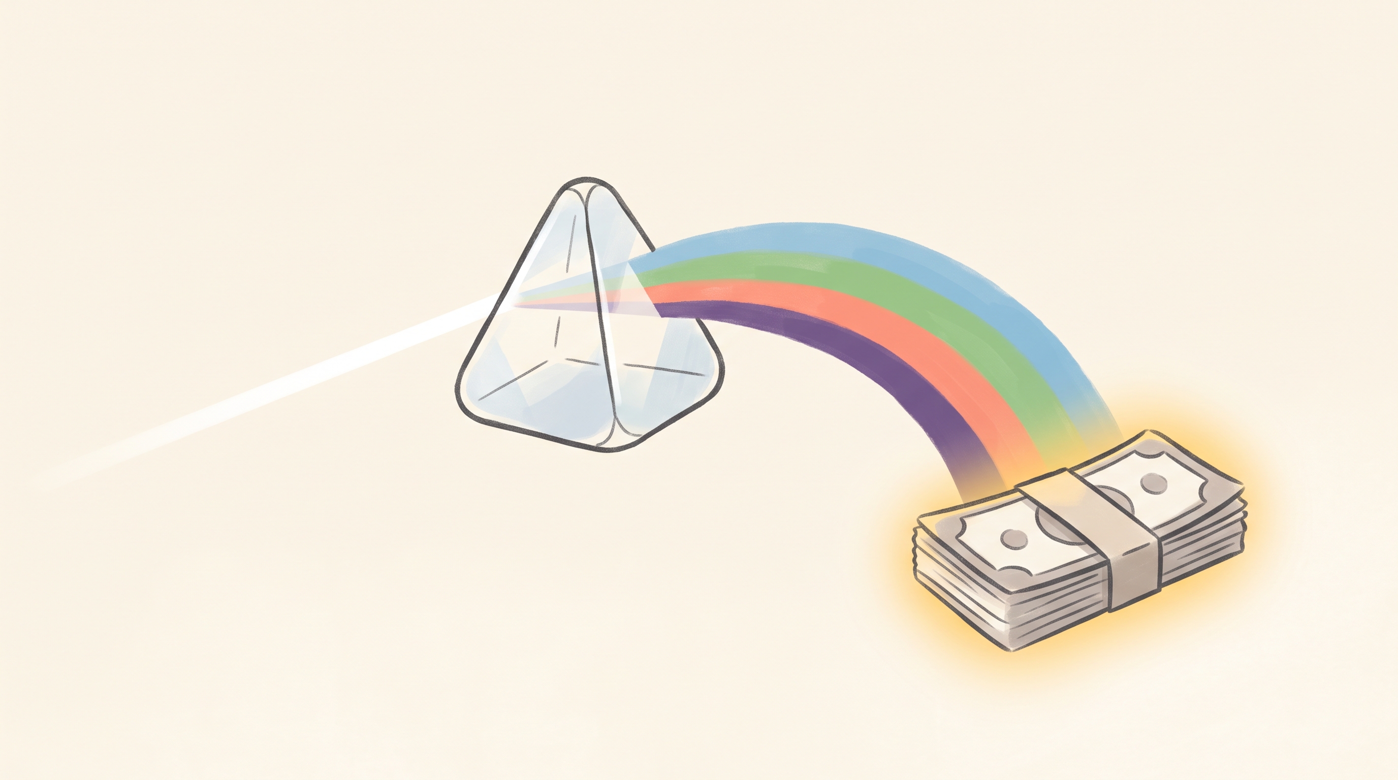 A beam of plain white light passes through a crystal prism and splits into a rainbow spectrum that arcs down to a glowing stack of cash — one input refracted into many colorful, valuable outcomes.