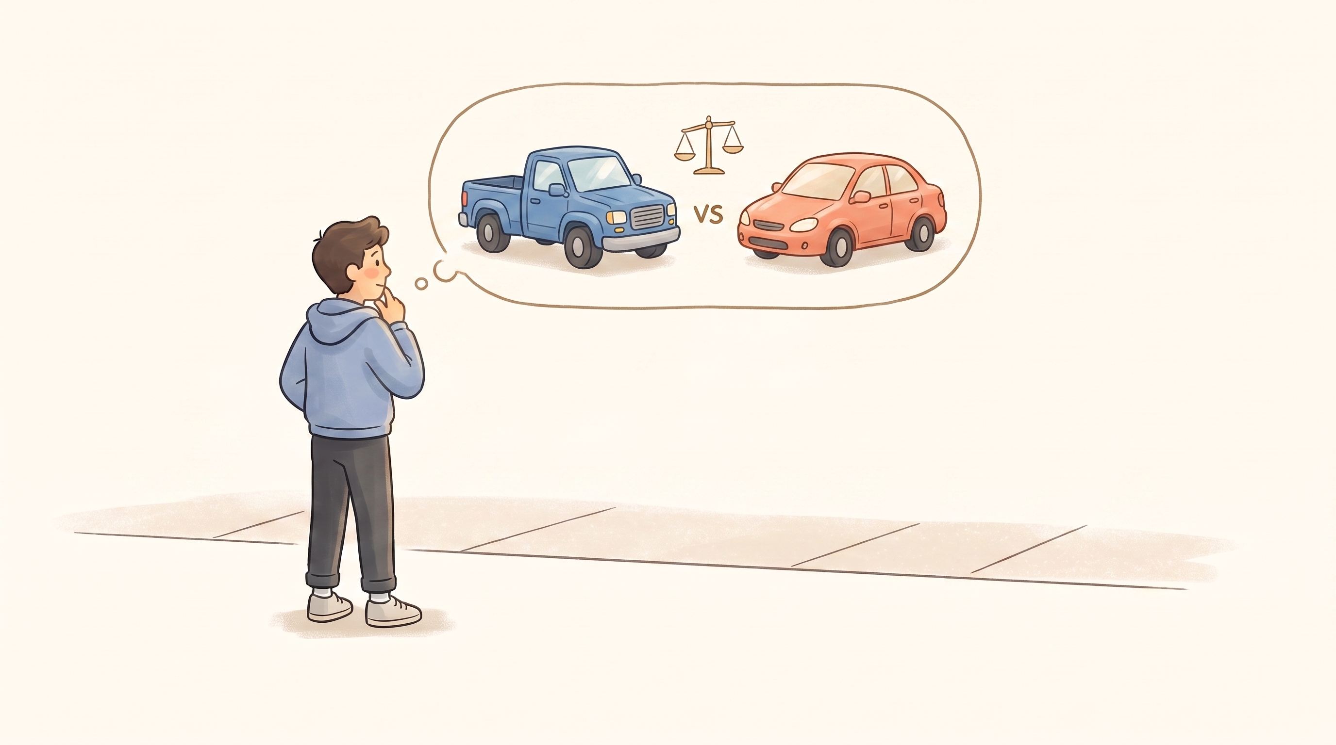 A shopper stands thinking, a thought bubble above his head weighing two vehicles for the same job — a chunky pickup truck versus a compact sedan, a little balance scale between them.