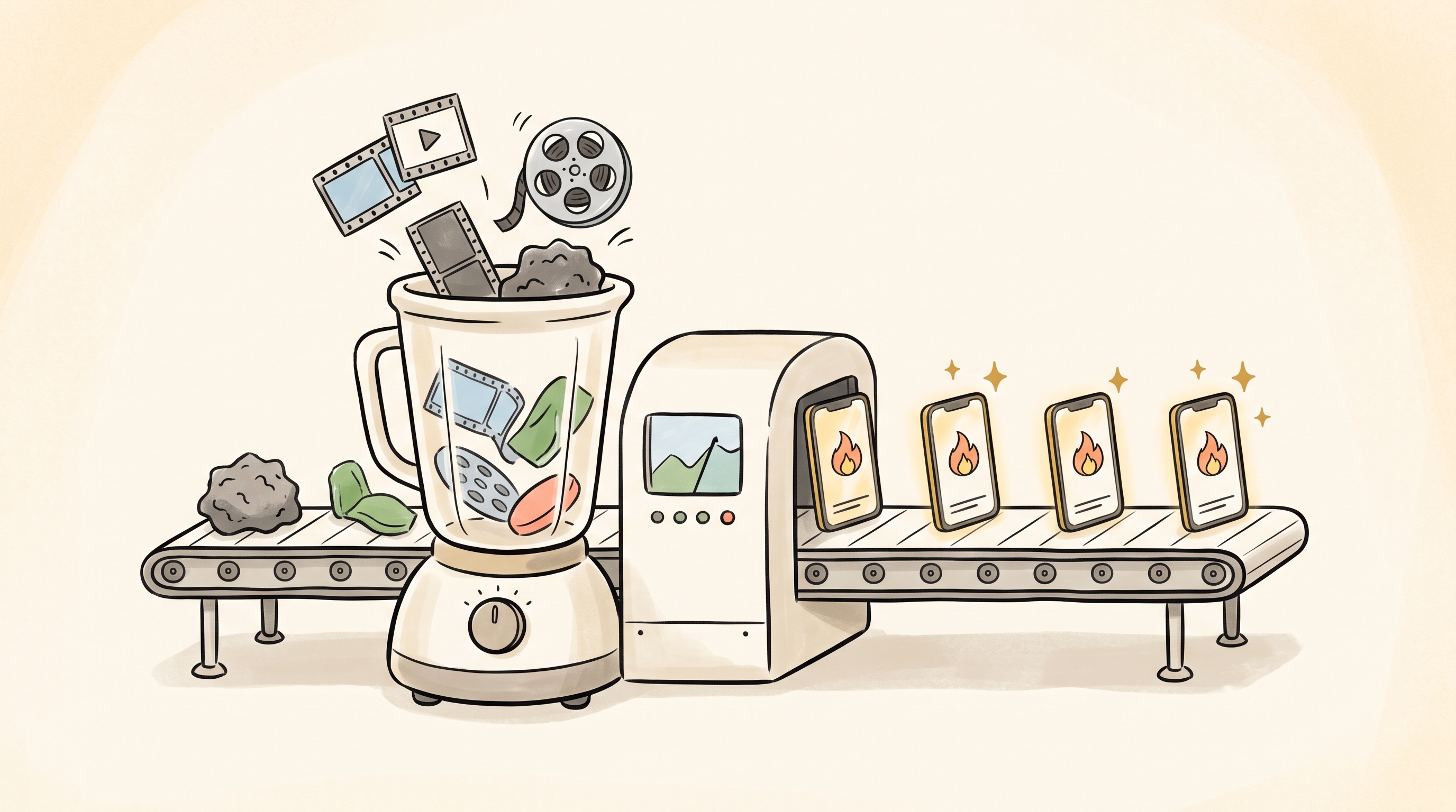 An assembly-line machine: raw footage, film strips, and reels drop into a blender-hopper on the left; a row of finished, glowing vertical phone videos with trending flames rolls off the conveyor on the right.