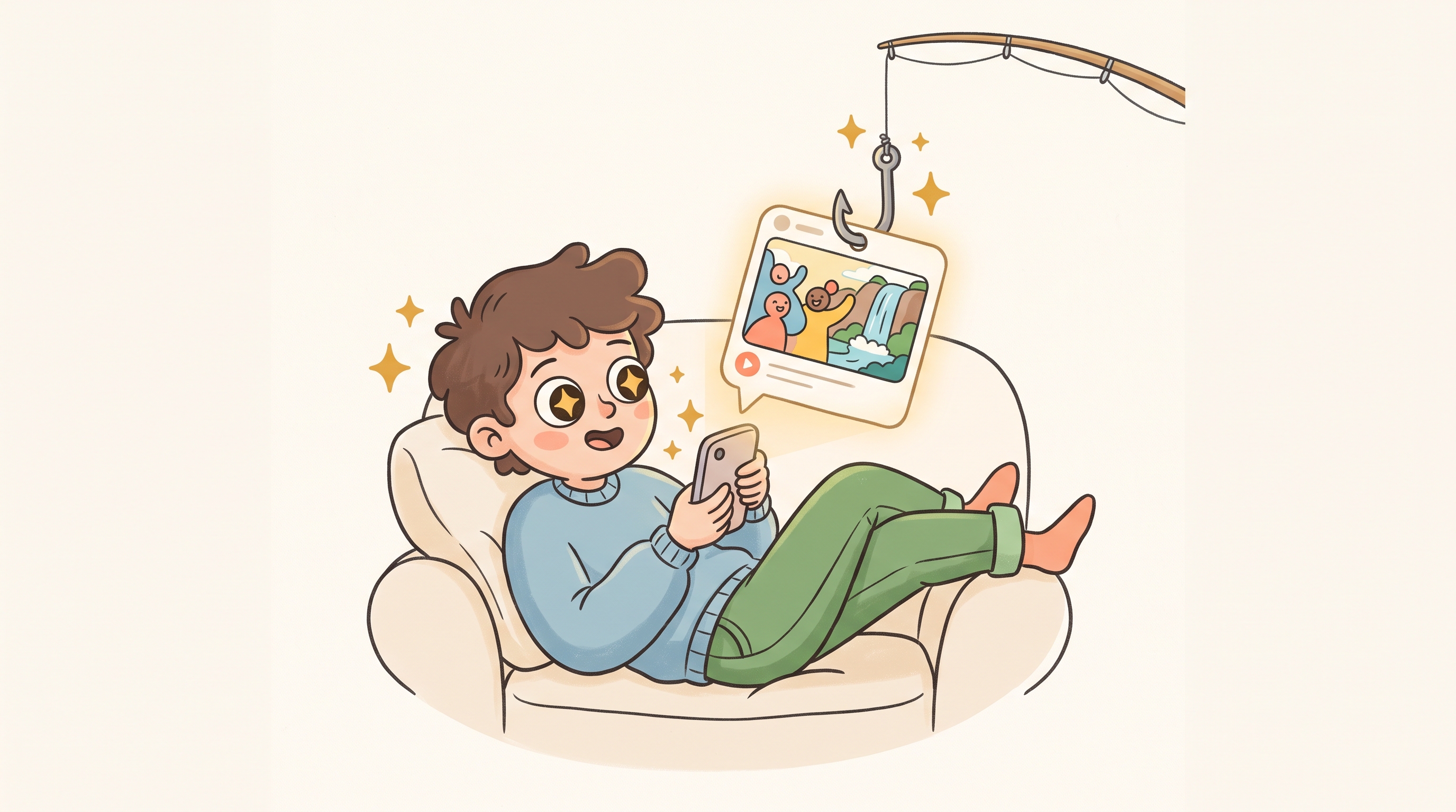 A person scrolling their phone with starry, captivated eyes as a short-form video card floats up out of the screen, snagged and lifted by a fishing hook on a rod — the hook literally catching the viewer.