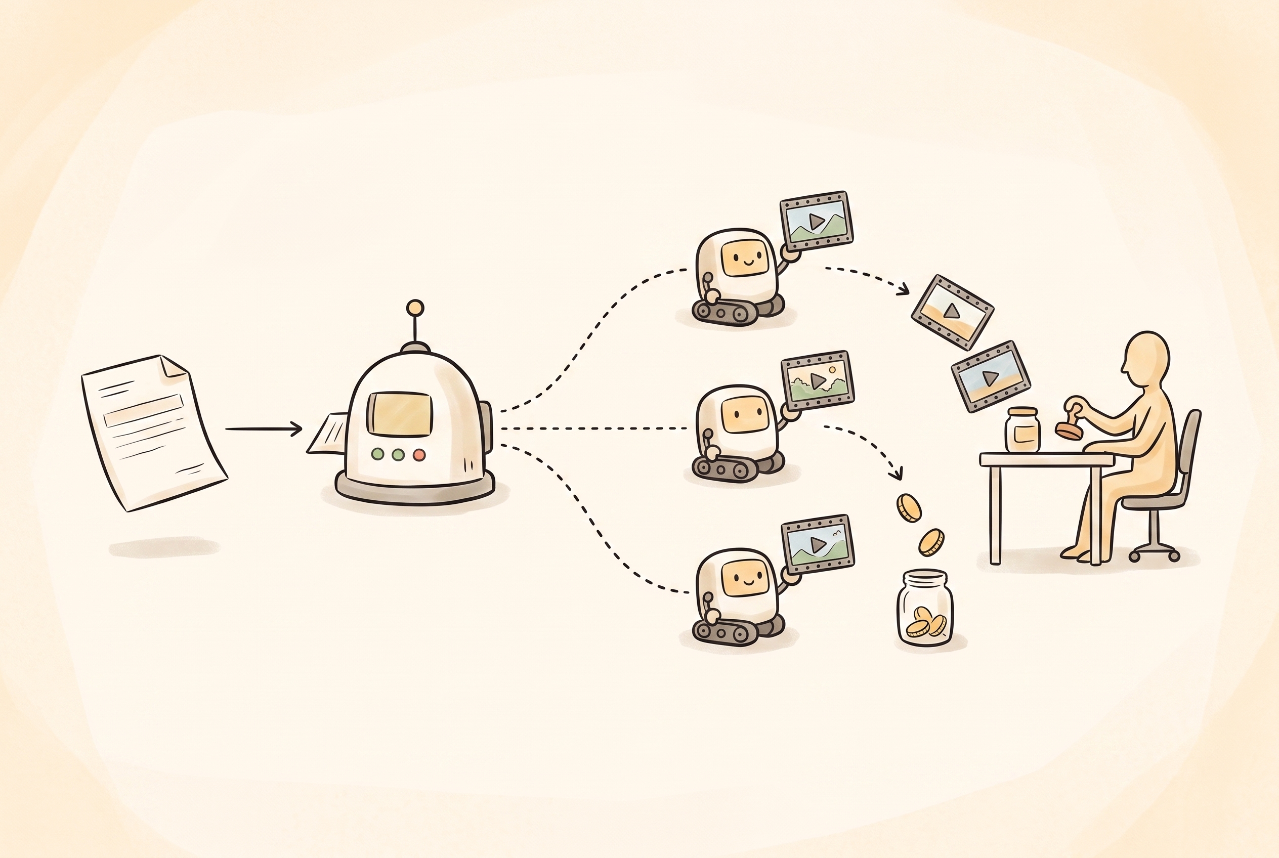 Illustration: a simple four-step conveyor — an order form turns into a gig, tasks flow out to three gigworkers, finished videos come back as proofs to a reviewer with approve/reject stamps, and approved ones drop USDC coins into workers' wallets.