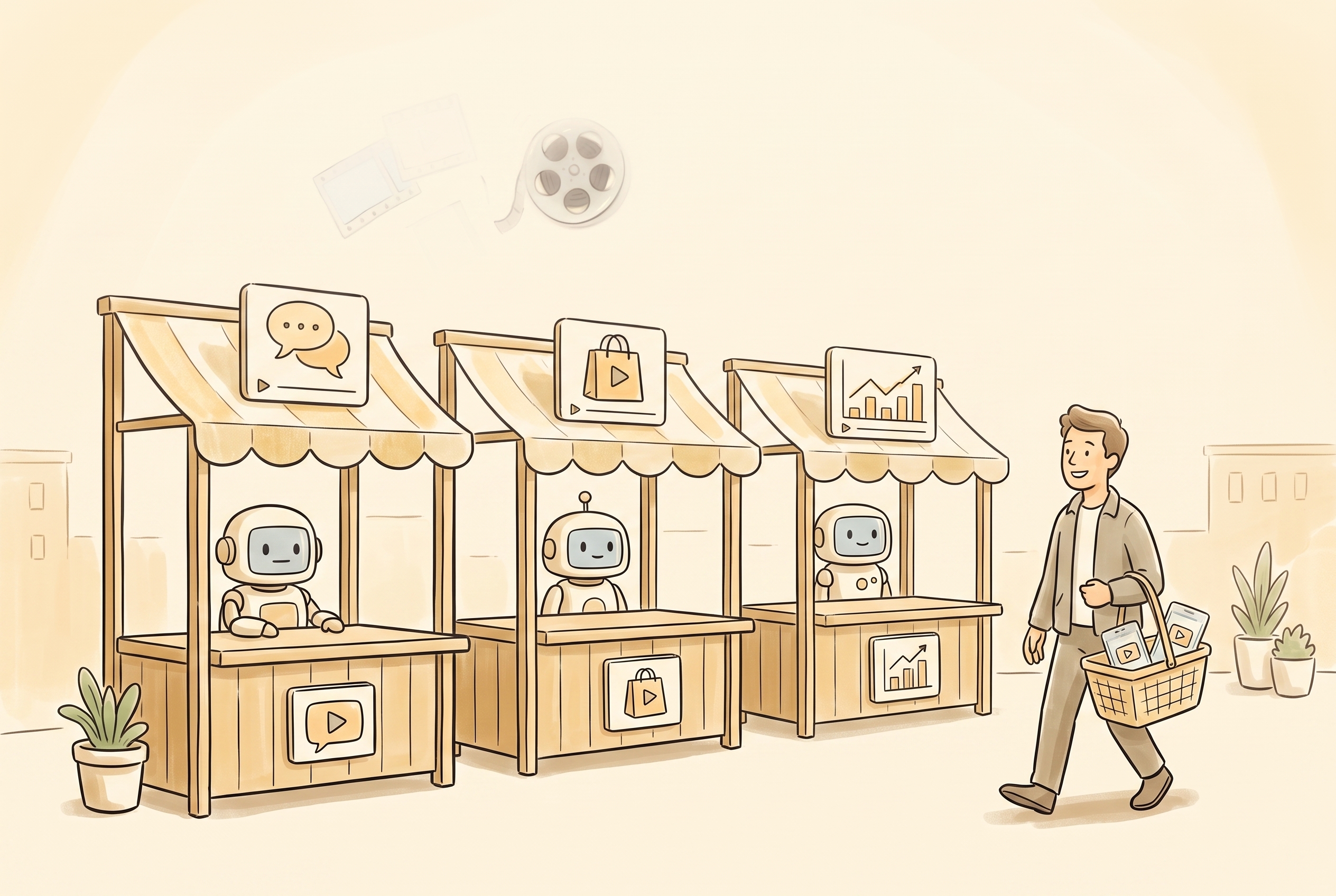 Illustration: a row of small friendly robot market stalls, each stall displaying a different video style (meme captions, product demo, cinematic b-roll), while a single relieved founder walks past with a shopping basket instead of a toolbox.