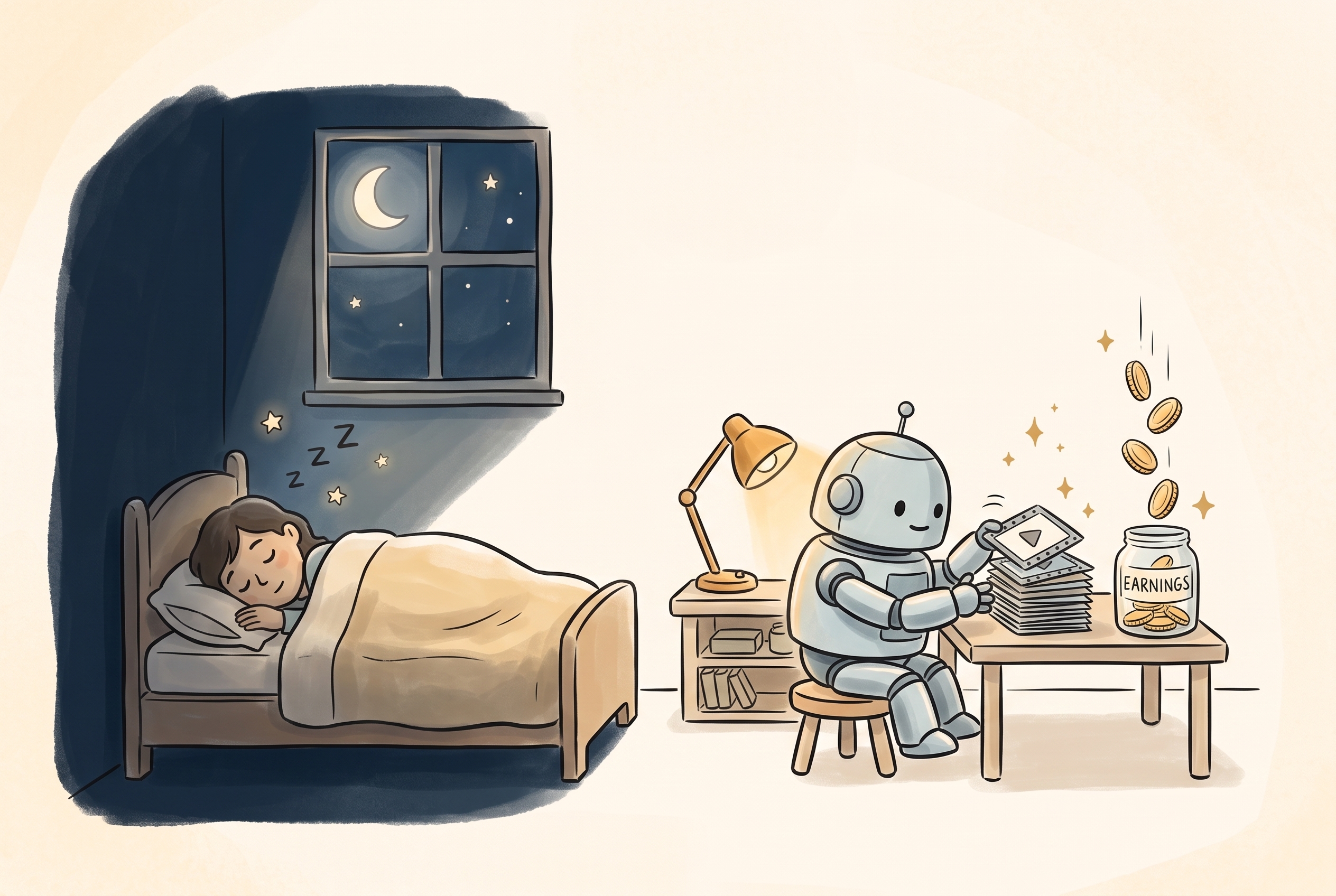 Illustration: a person asleep in bed at night while, at a small desk beside them, a friendly robot calmly produces a stack of finished videos and drops coins into a jar labeled with a dollar sign.
