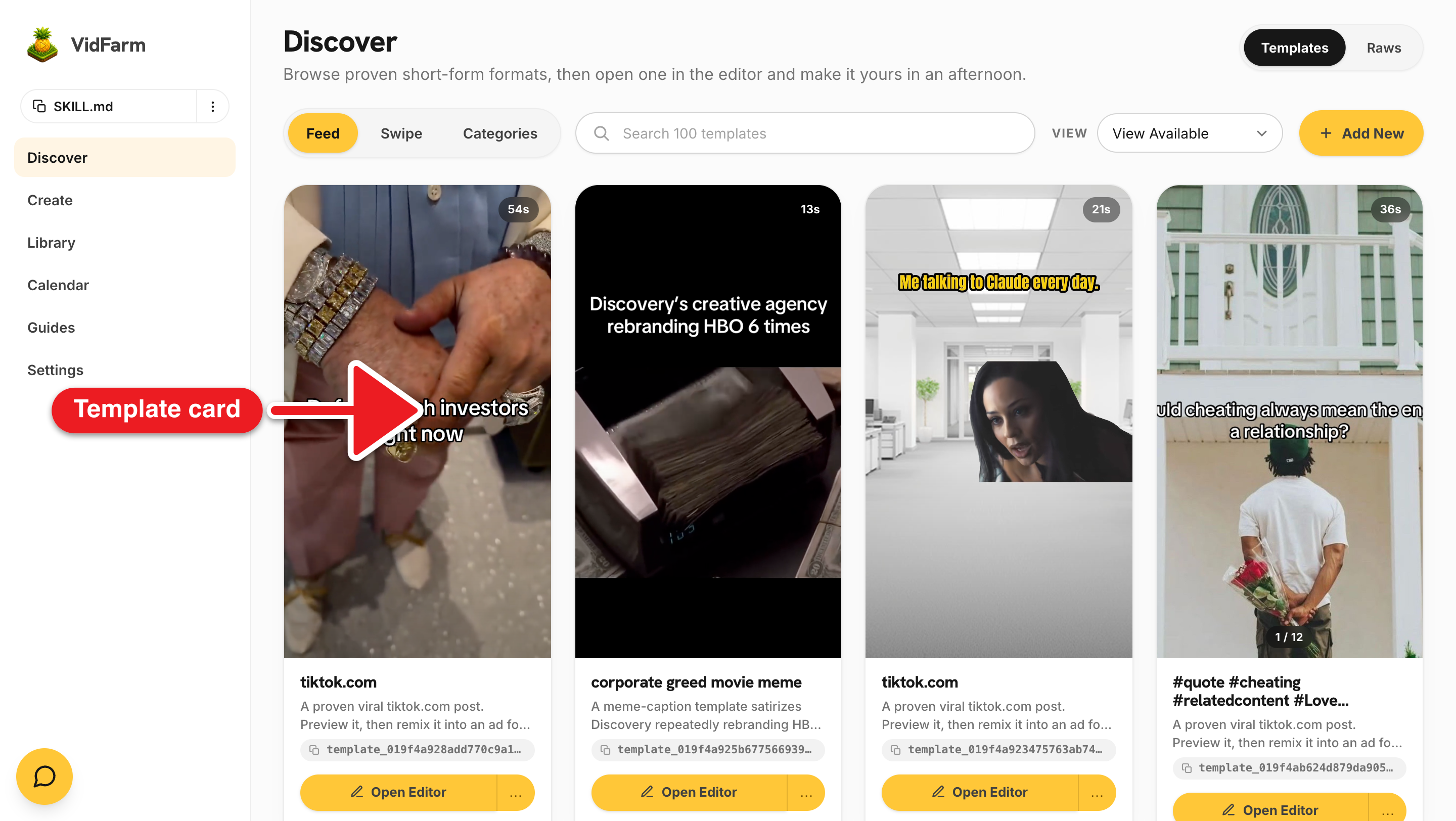 The VidFarm Discover feed: a grid of vertical short-form video template cards with a search bar and category filters, each card showing a Fork button on hover.