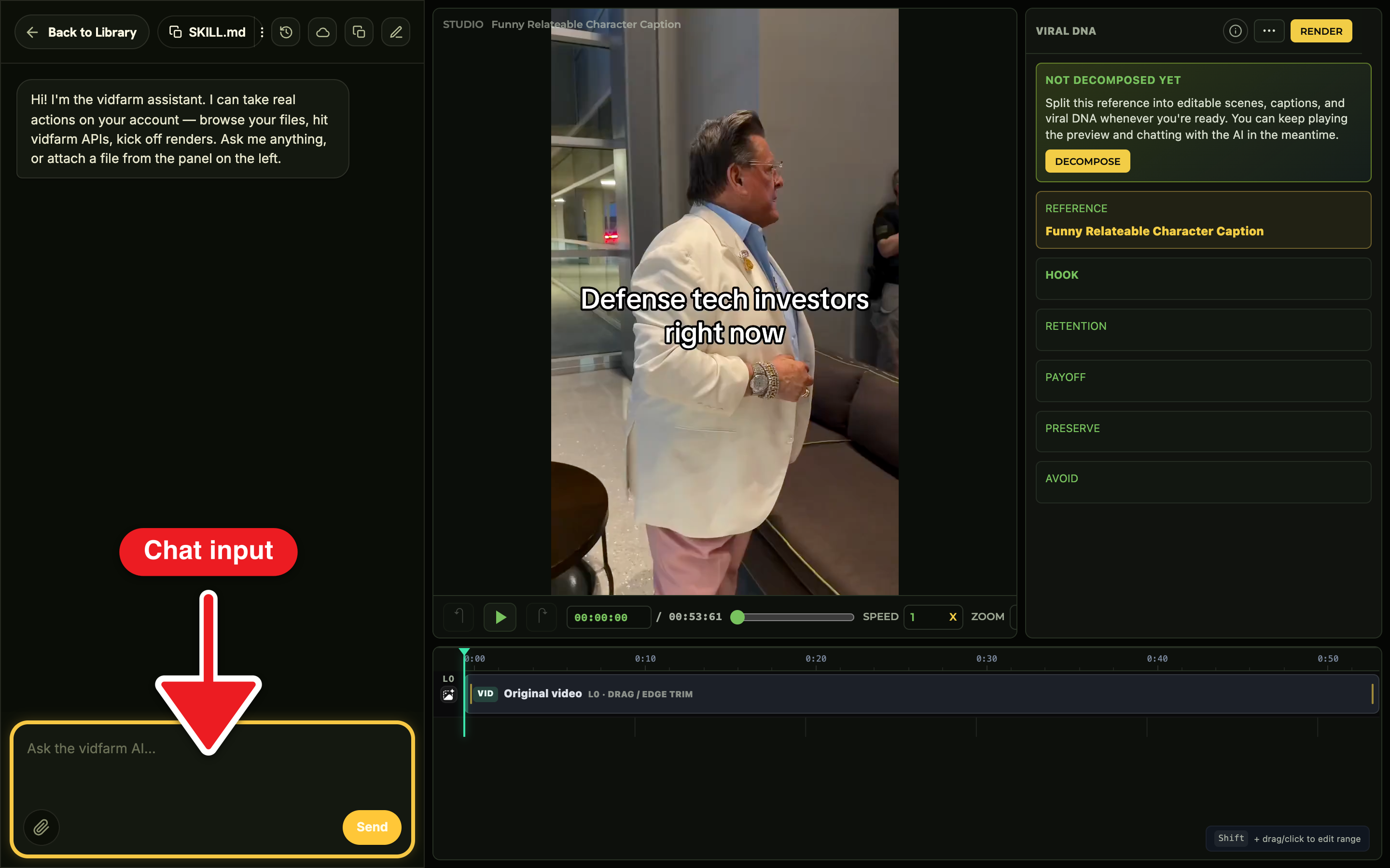 The Trackpad Editor: a video canvas with a timeline of layers below, and an AI chat dock on the right where the user typed 'Rewrite the caption to say: Ship it Friday'.