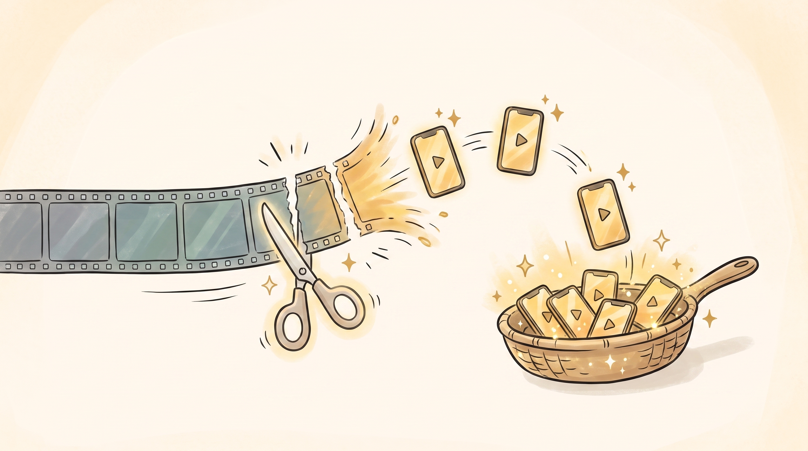 A long grey film reel stretches out to the left representing a long podcast or VOD; a pair of scissors snips segments out of it and those segments turn into glowing golden vertical phone-video nuggets that fly into a little basket on the right, glittering with honey-gold light.
