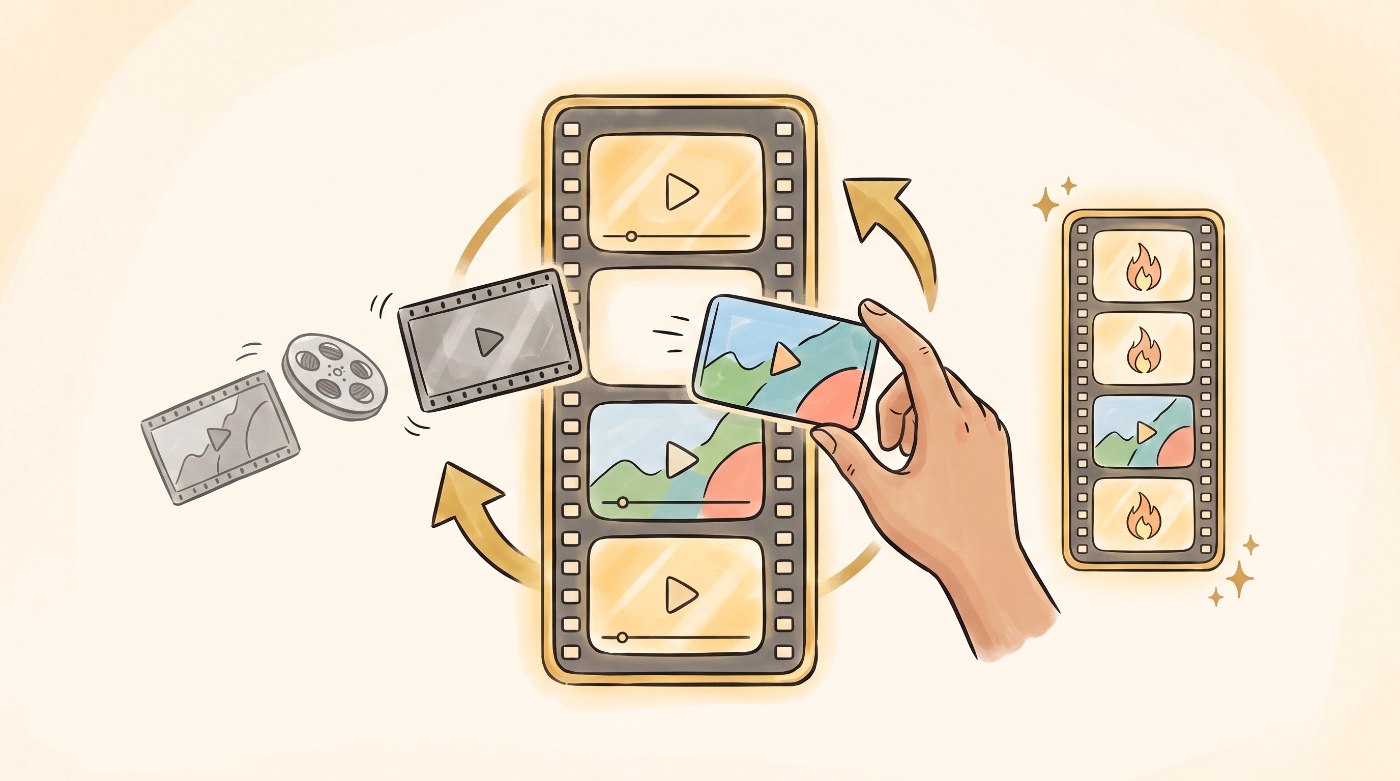 A vertical short-video template shown as a stack of scene slots, glowing gold to show its structure is locked. A hand pulls one old grey film clip out of the middle slot while sliding a fresh colorful clip in from the right; circular swap arrows loop around that slot, and a finished trending-flame version sits to the right.