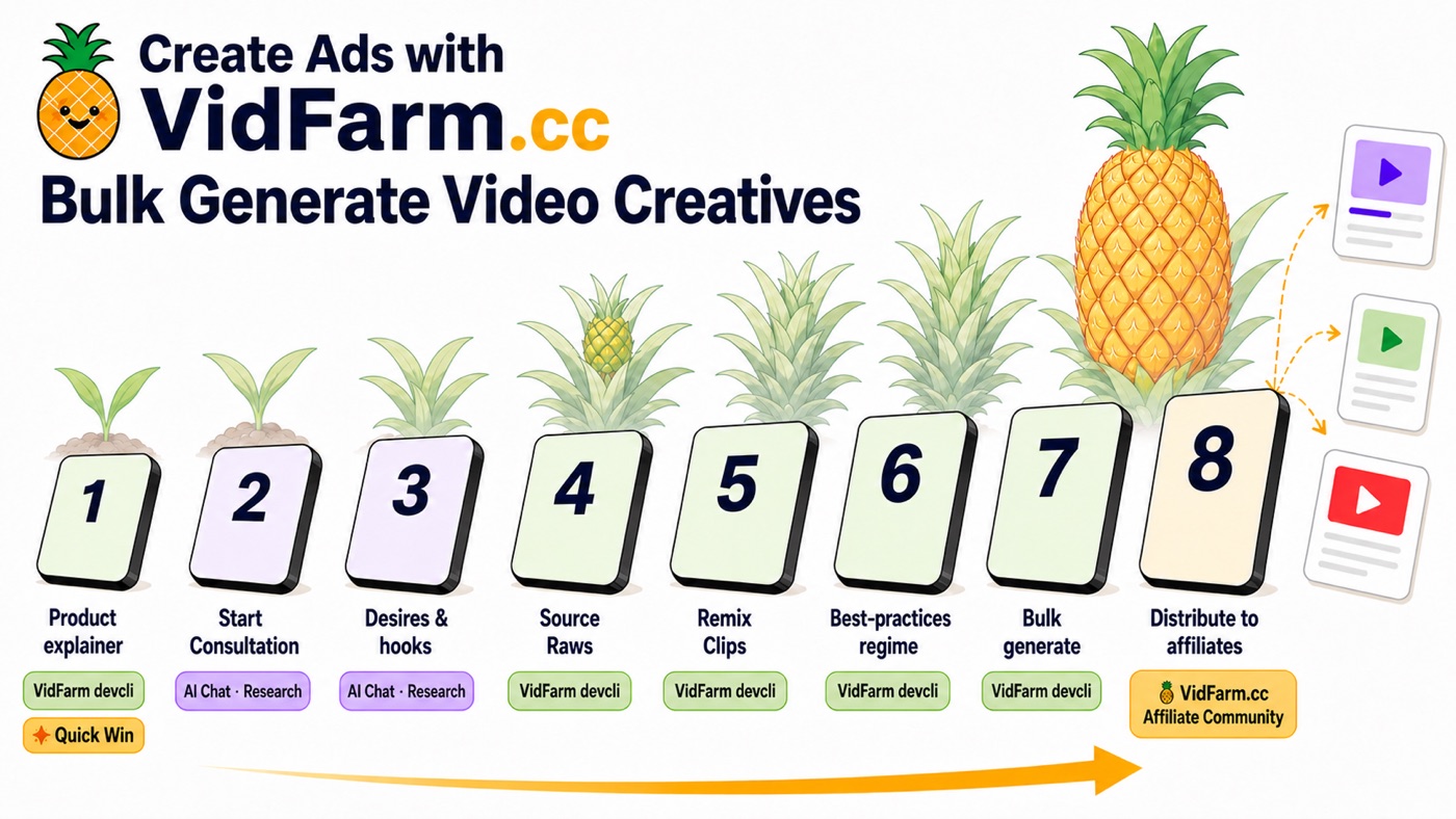 Eight numbered cards in a row, each with a pineapple plant growing taller above it: product explainer, start consultation, desires and hooks, source raws, remix clips, best-practices regime, bulk generate, distribute to affiliates.