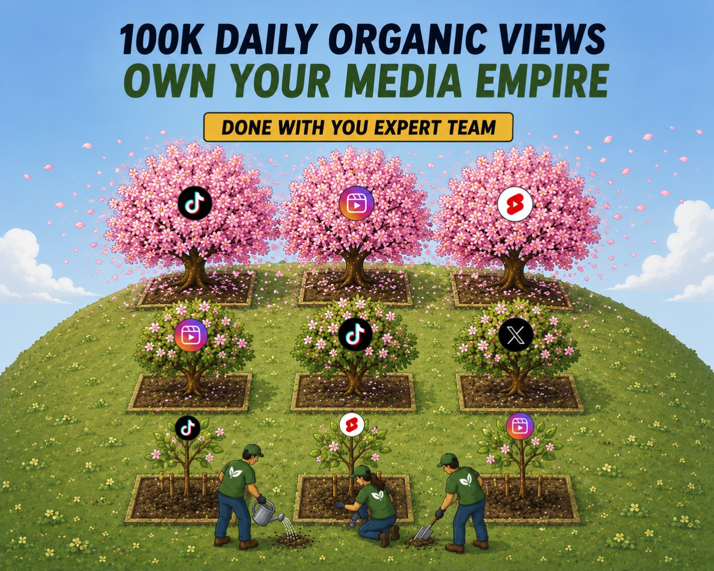 A green hill planted with rows of trees, each carrying a TikTok, Instagram Reels, YouTube Shorts or X icon — saplings being watered at the front, full pink blossom at the back.