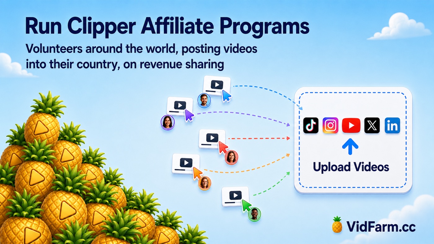 A pile of pineapple video thumbnails on the left, five people with cursors dragging video cards toward an upload panel showing TikTok, Instagram, YouTube, X and LinkedIn icons.