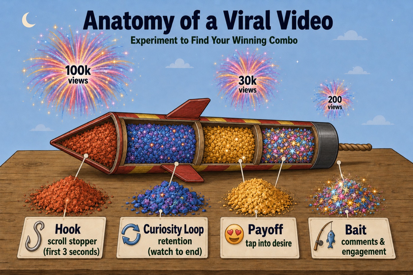 A cutaway firework rocket packed in four coloured sections — hook, curiosity loop, payoff and bait — with bursts of different sizes above showing 100k, 30k and 200 views.