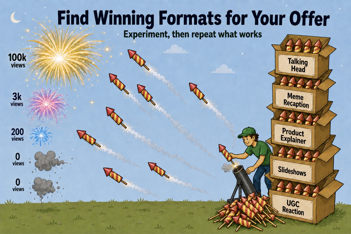 A person lighting fireworks from a stack of boxes labelled talking head, meme recaption, product explainer, slideshows and UGC reaction; the bursts above range from 100k views down to two duds at 0 views.