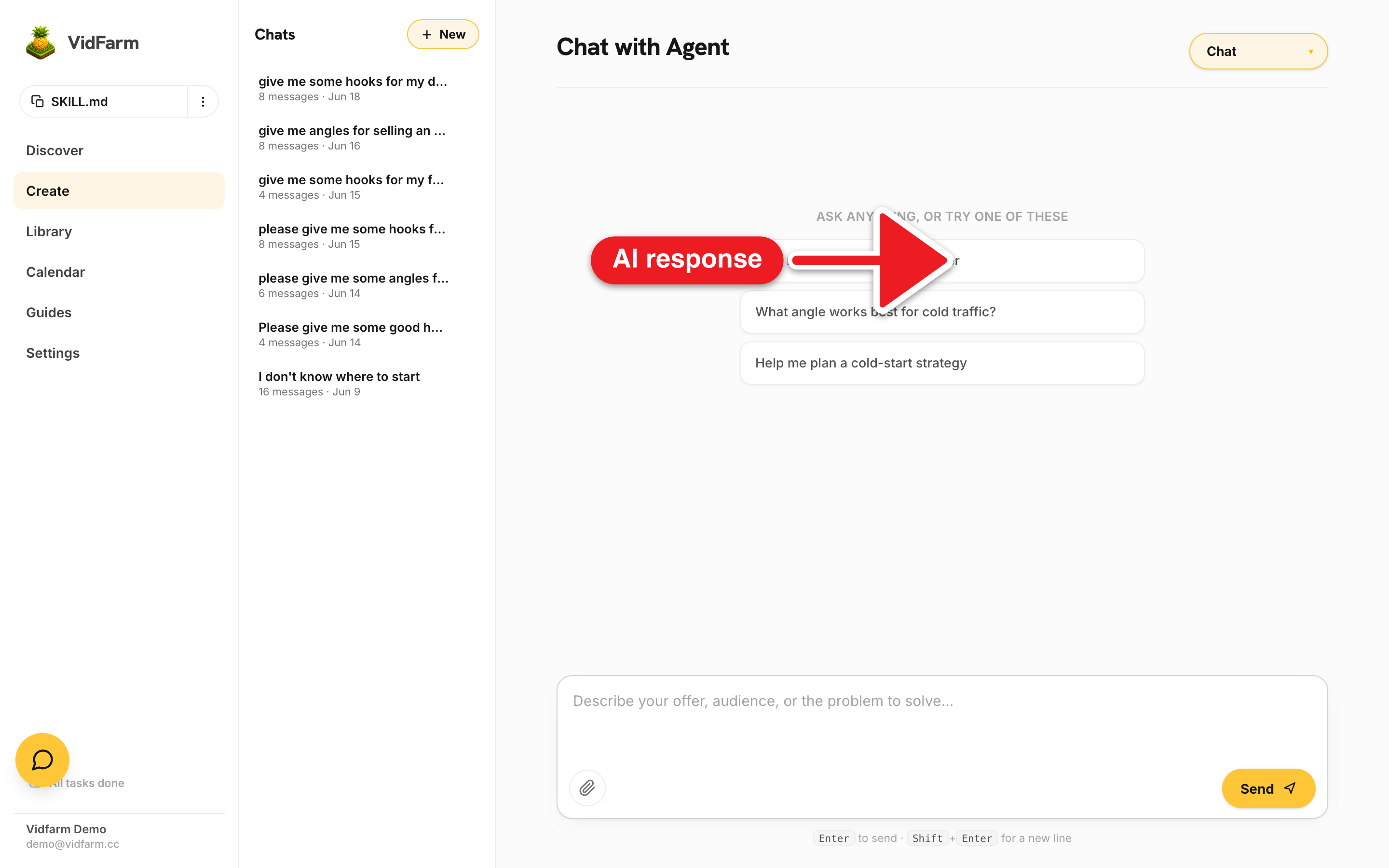 A Chat thread showing the AI's structured response: a list of awareness stages with the recommended one highlighted, followed by three named angles, followed by a numbered list of ten hooks. A 'Save to My Files' action is visible.