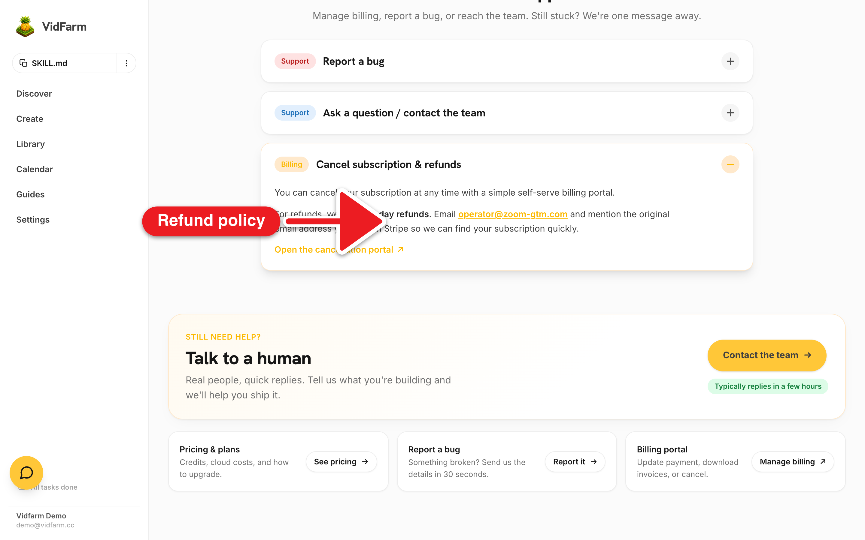 The Help center's 'Cancel subscription & refunds' accordion expanded, showing the copy about self-serve cancellation and 90-day refunds, with an 'Open the cancellation portal ↗' button.