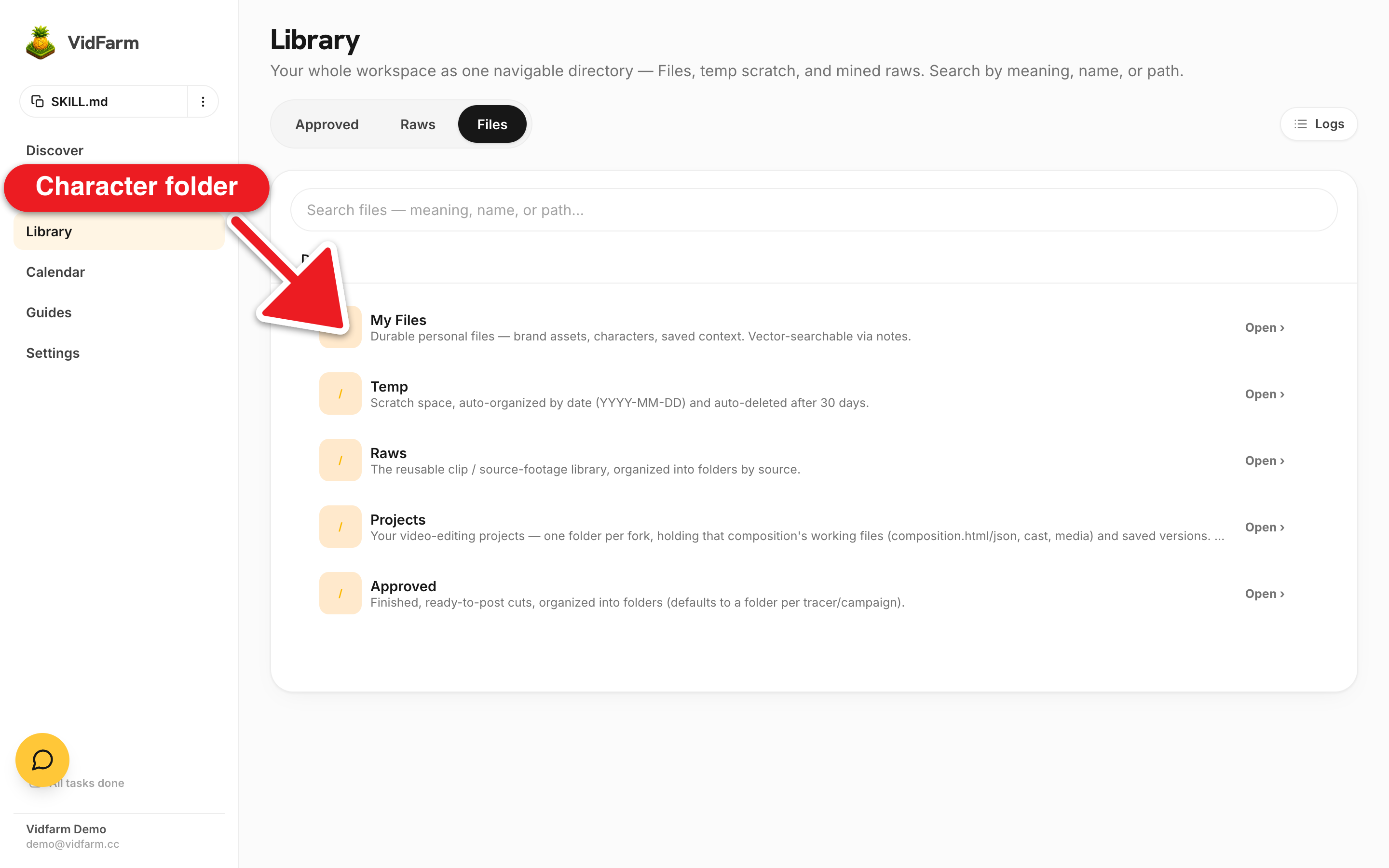 The My Files explorer open at /files/characters/zara/ showing three files: character_zara.json, character_sprite_card.png, and character_about.md, each with an annotation note describing Zara.