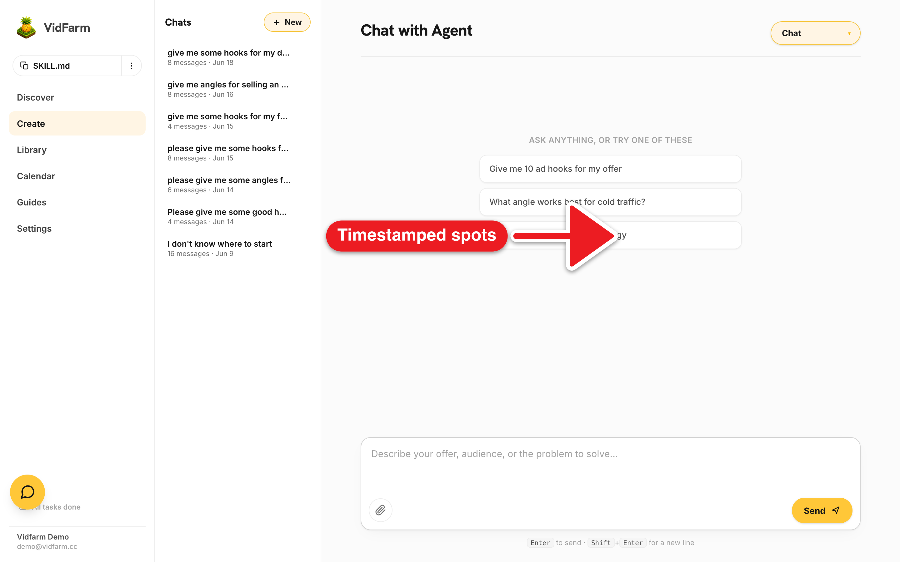 A Chat thread showing product_placement results: a numbered list where each row has a timestamp (e.g. 0:04), a scene description, a placement idea for the user's product, and a 'why it works' note. The competitor video preview sits at the top of the thread.