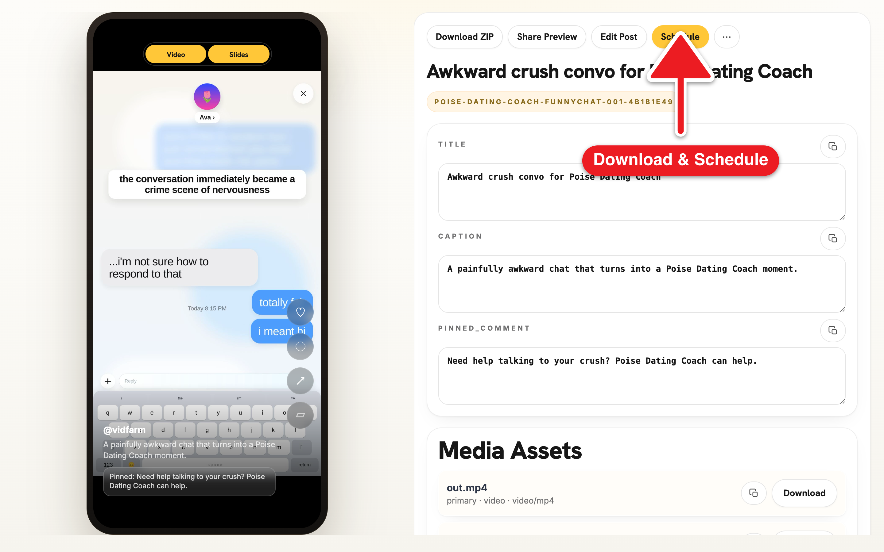 The /approved/posts share page: a TikTok-style phone mockup autoplaying the recaptioned video, with copyable caption, title, and pinned-comment fields and Edit Post / Schedule buttons.