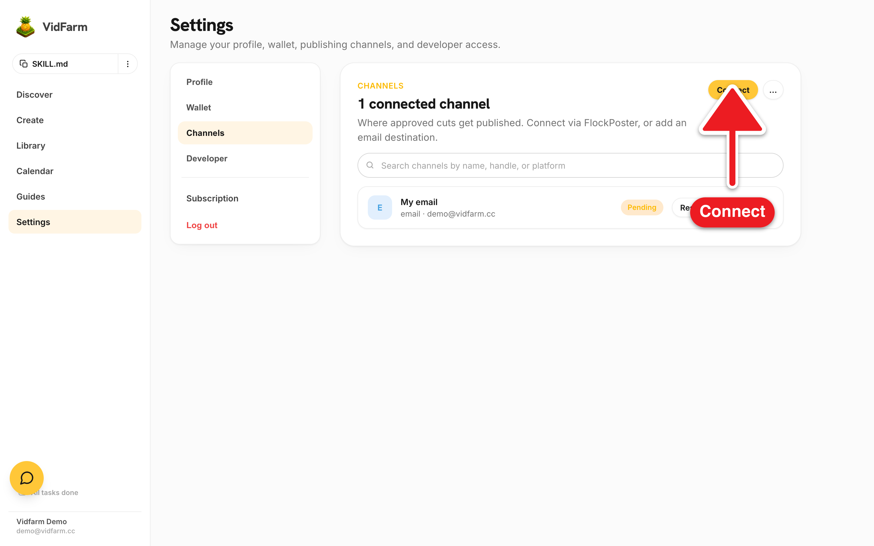 Settings → Channels tab with the gold FlockPoster Connect button and a dialog prompting for a FlockPoster API key, plus an 'Add Email Channel' option in the overflow menu.