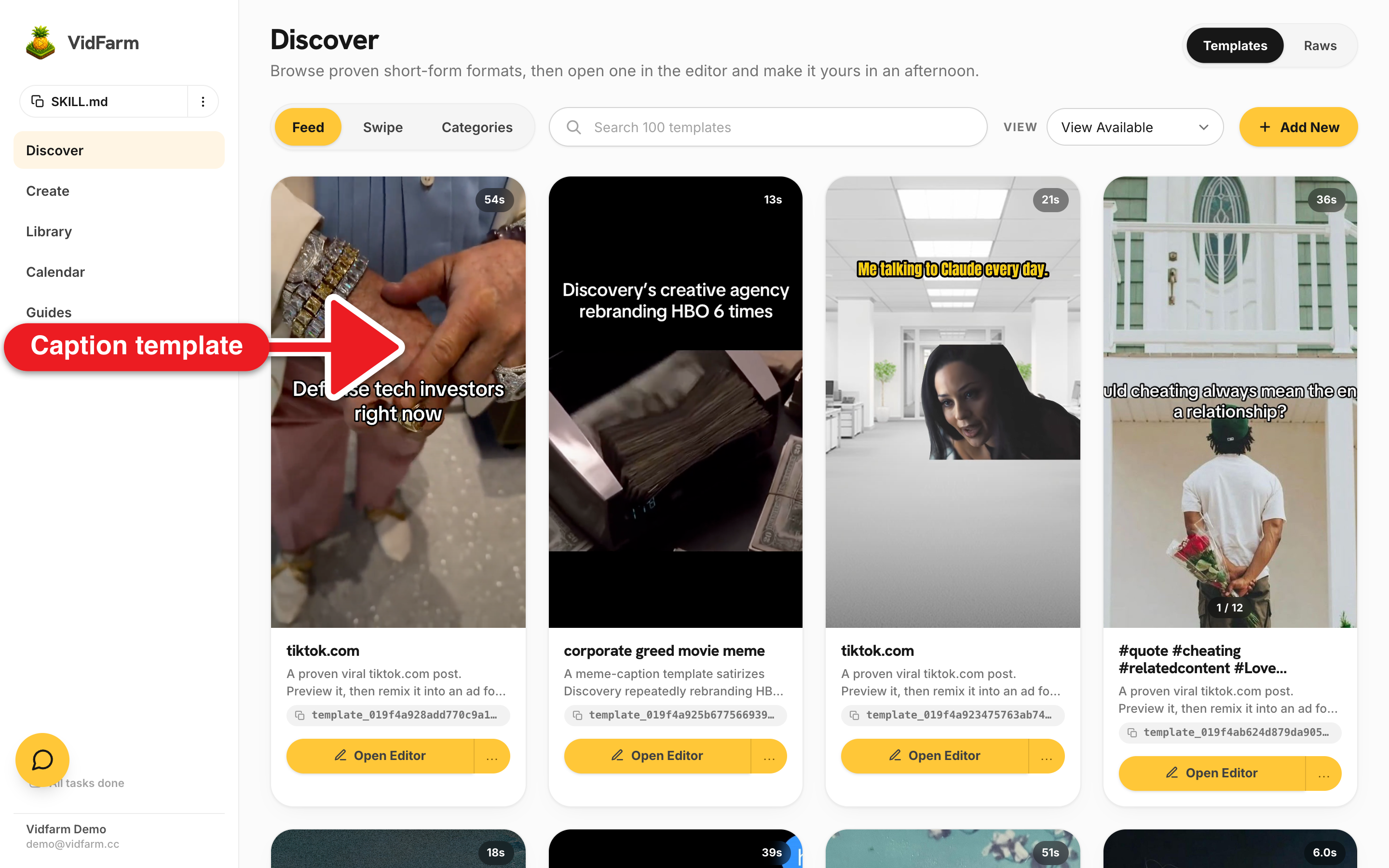 The VidFarm Discover feed with a caption-driven talking-head template card hovered, showing its Fork action; the search bar reads 'meme caption'.