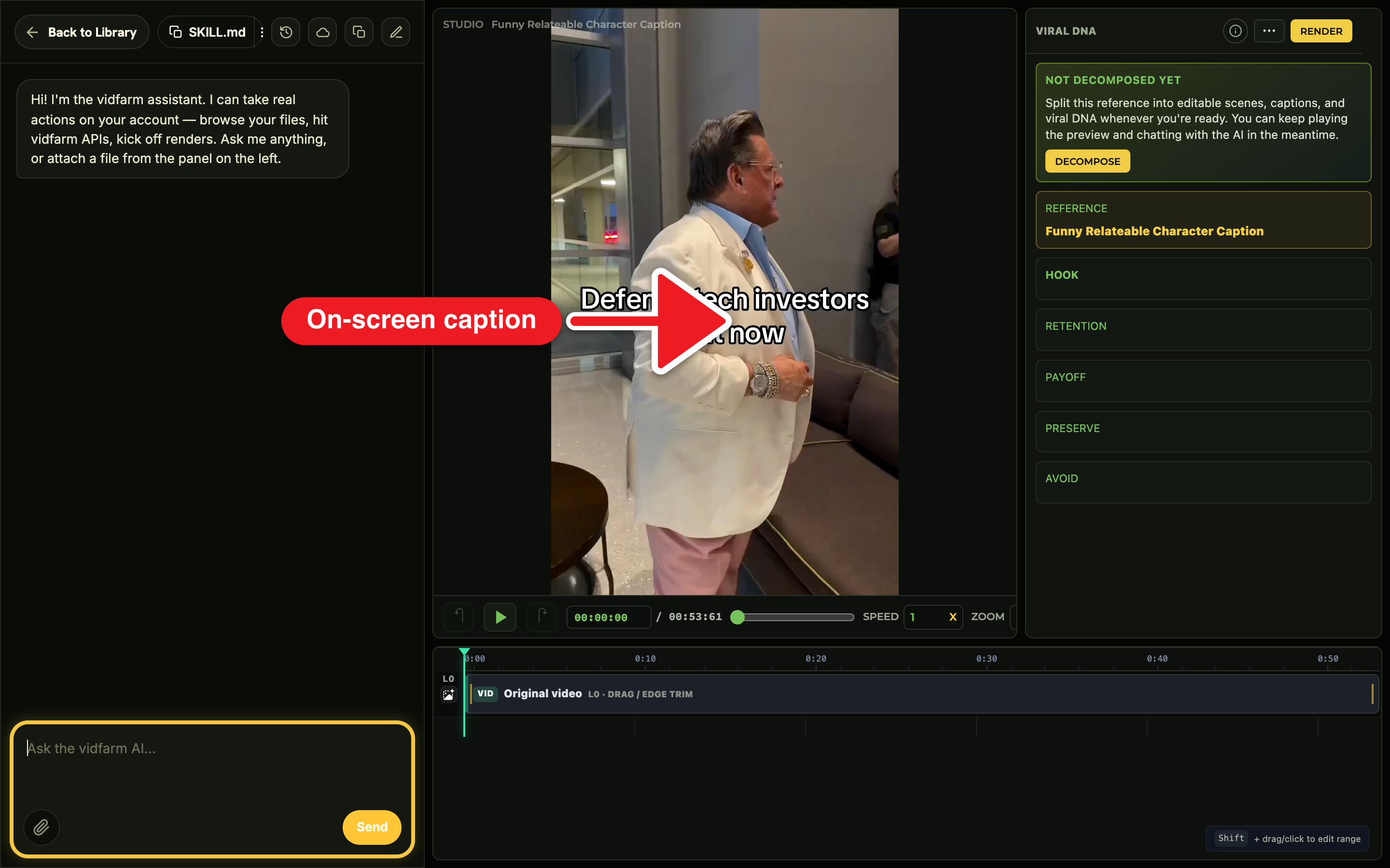 The Trackpad Editor with the AI chat dock open on the right; the user typed 'Rewrite every caption to be about my product Acme, keep the timing and animation'; the live canvas shows the new caption on the talking-head video.