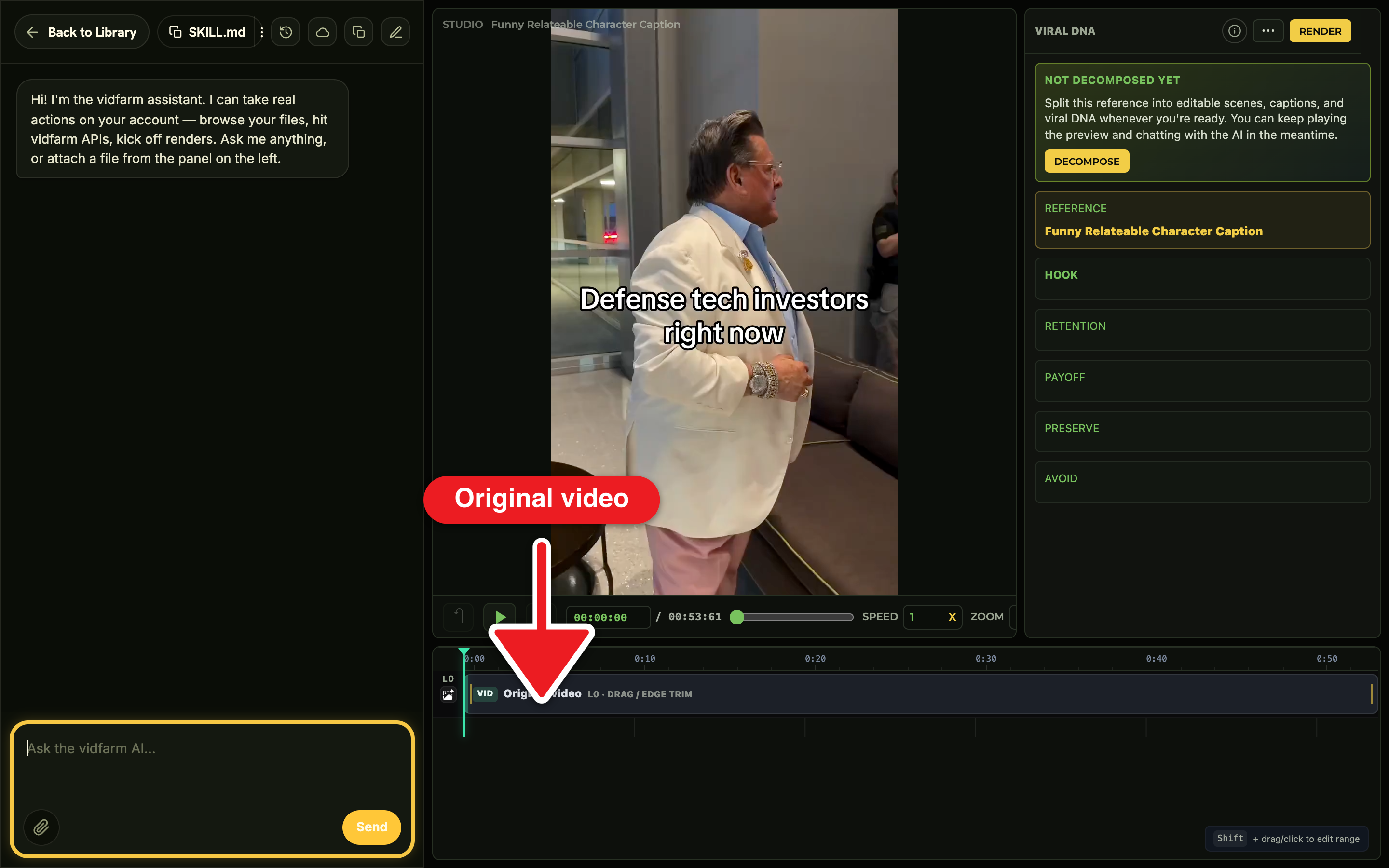 The Trackpad Editor with the inspector panel open on a video layer; the chat dock shows 'Swap scene 1 for my one-click export clip'; the inspector shows the swapped media source and an object-position value of 25% 50%.