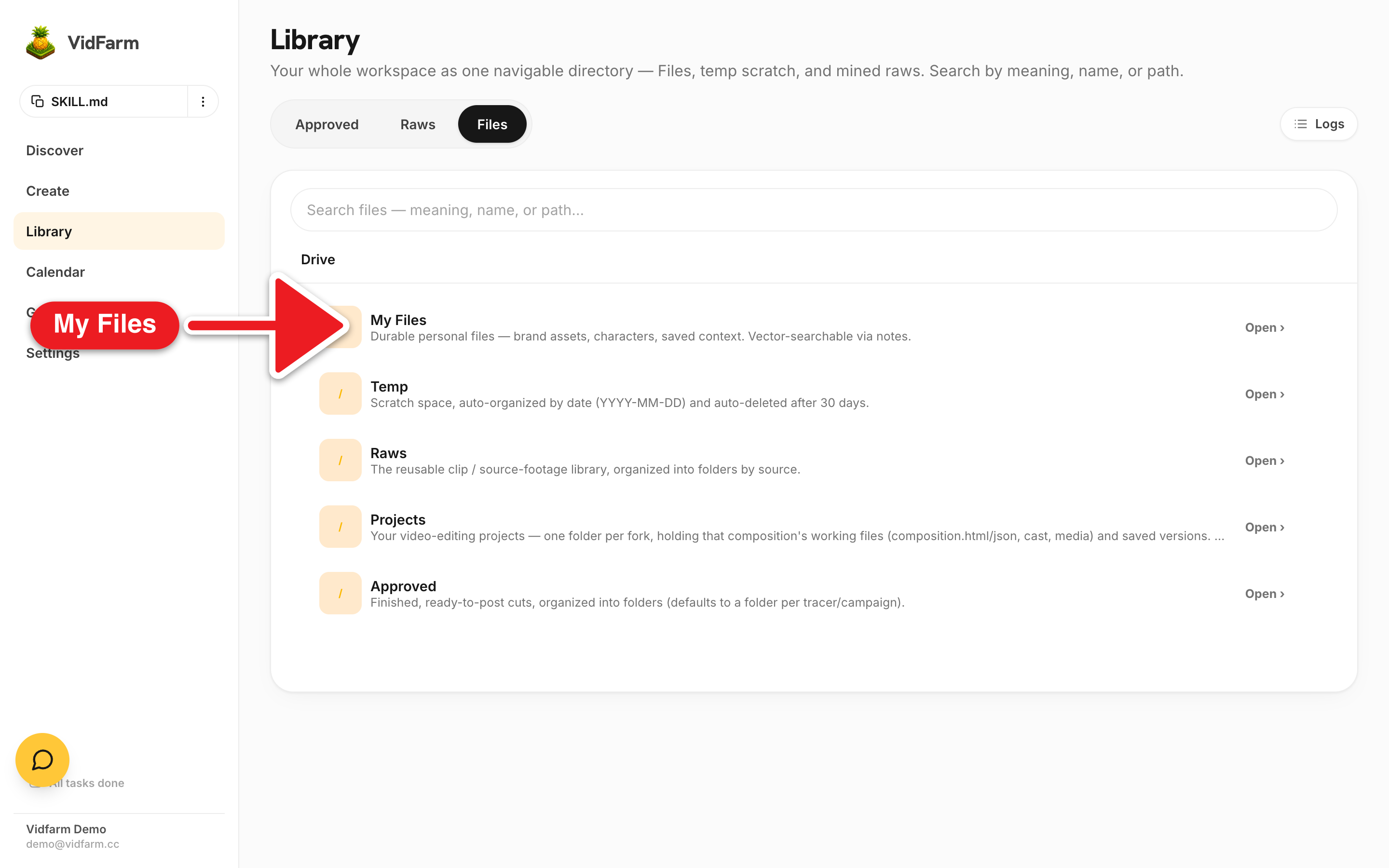 The My Files pop-panel explorer open to two folders: 'product-demo-recordings' with a few screen-recording thumbnails and 'brand-media-kit' with a logo PNG.