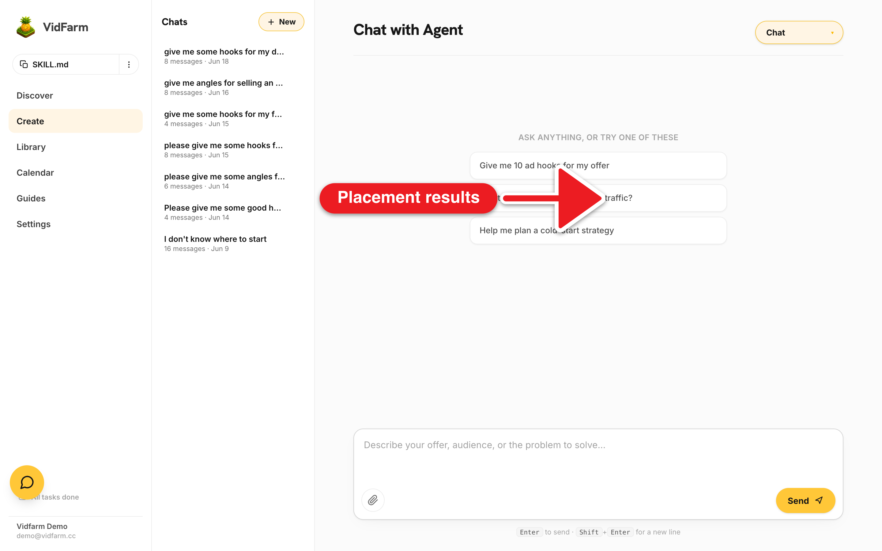 The editor chat dock showing a product_placement result: a JSON list of timestamped opportunities, each row with a timestamp, scene description, placement type, the placement idea, and a why-it-works note for a meal-planning app.