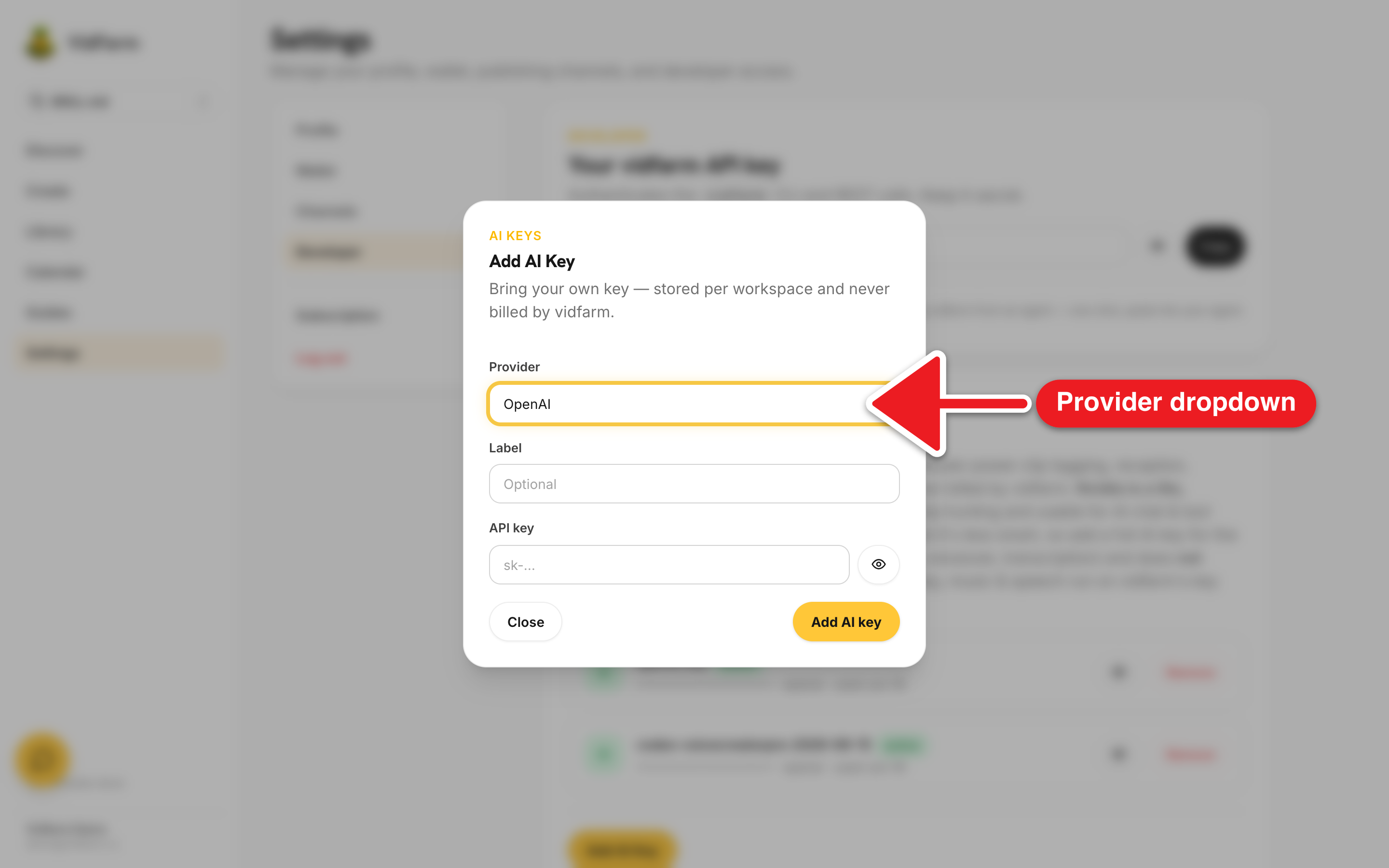 The 'Add AI Key' dialog over the Developer tab. Provider dropdown expanded showing OpenAI, Gemini, OpenRouter, Nvidia (clipping only), and ElevenLabs (audio only), plus a Label field, a masked API key input with an eye reveal, and Close / gold 'Add AI key' buttons.