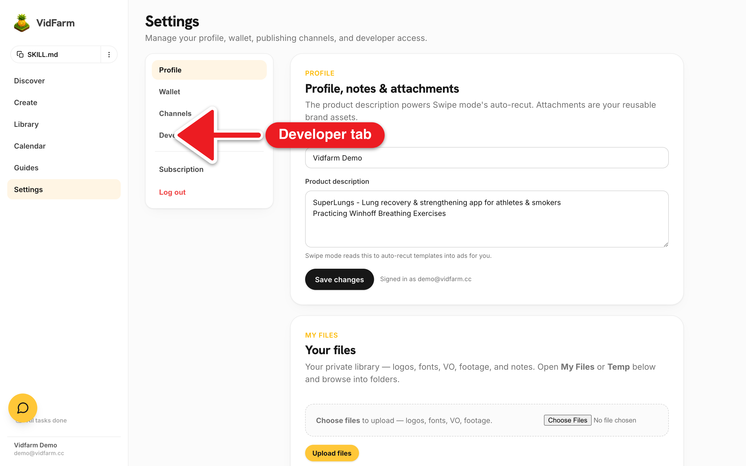 The Settings left navigation showing all destinations: Profile, Wallet, Channels, Developer, a separated Subscription link, and a red Log out — so a reader can see where each setup step lives.