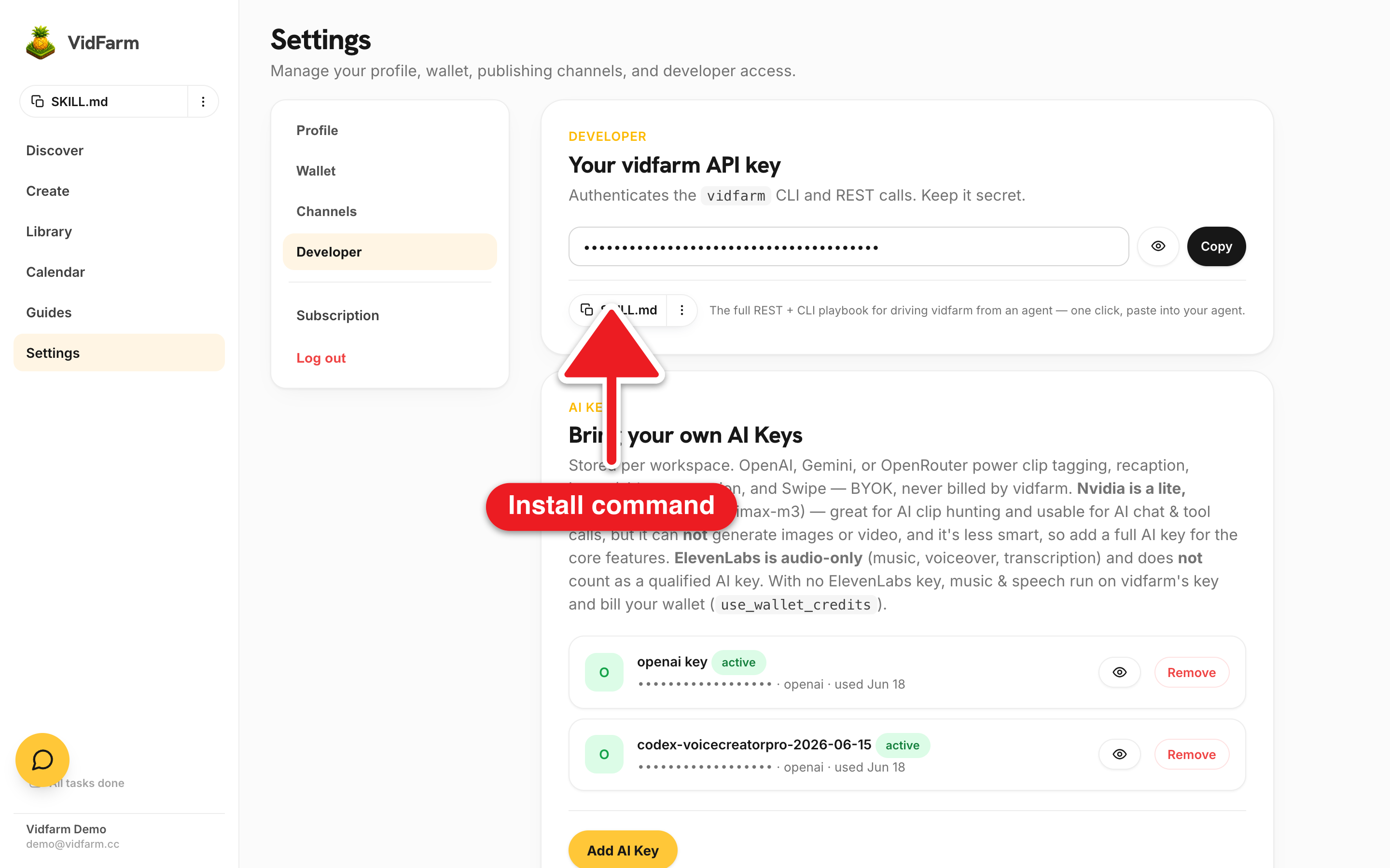 The SKILL.md install pill on the Developer tab with its ⋮ popover open, showing the 'Install Command' kicker, a read-only input pre-filled with 'npx skills add https://github.com/officexapp/vidfarm', a copy button, and a 'View GitHub' link.