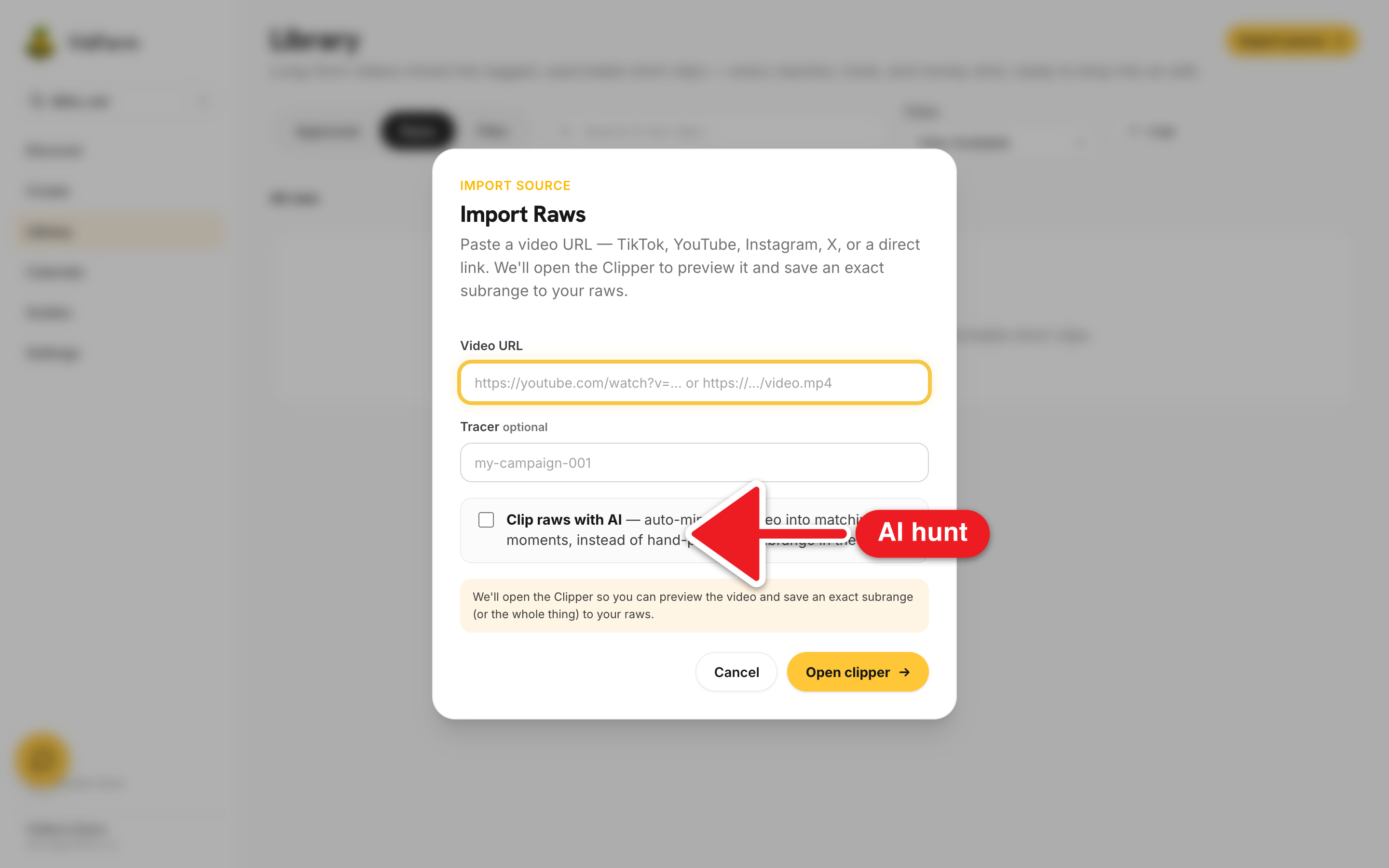 The Import Raws modal expanded after ticking 'Clip raws with AI': a 'What to clip for' textarea with placeholder about reactions and vertical 5-10s clips, an 'AI provider' dropdown showing Auto / Gemini / OpenAI / OpenRouter / Nvidia, and a 'Clip audio only' checkbox.