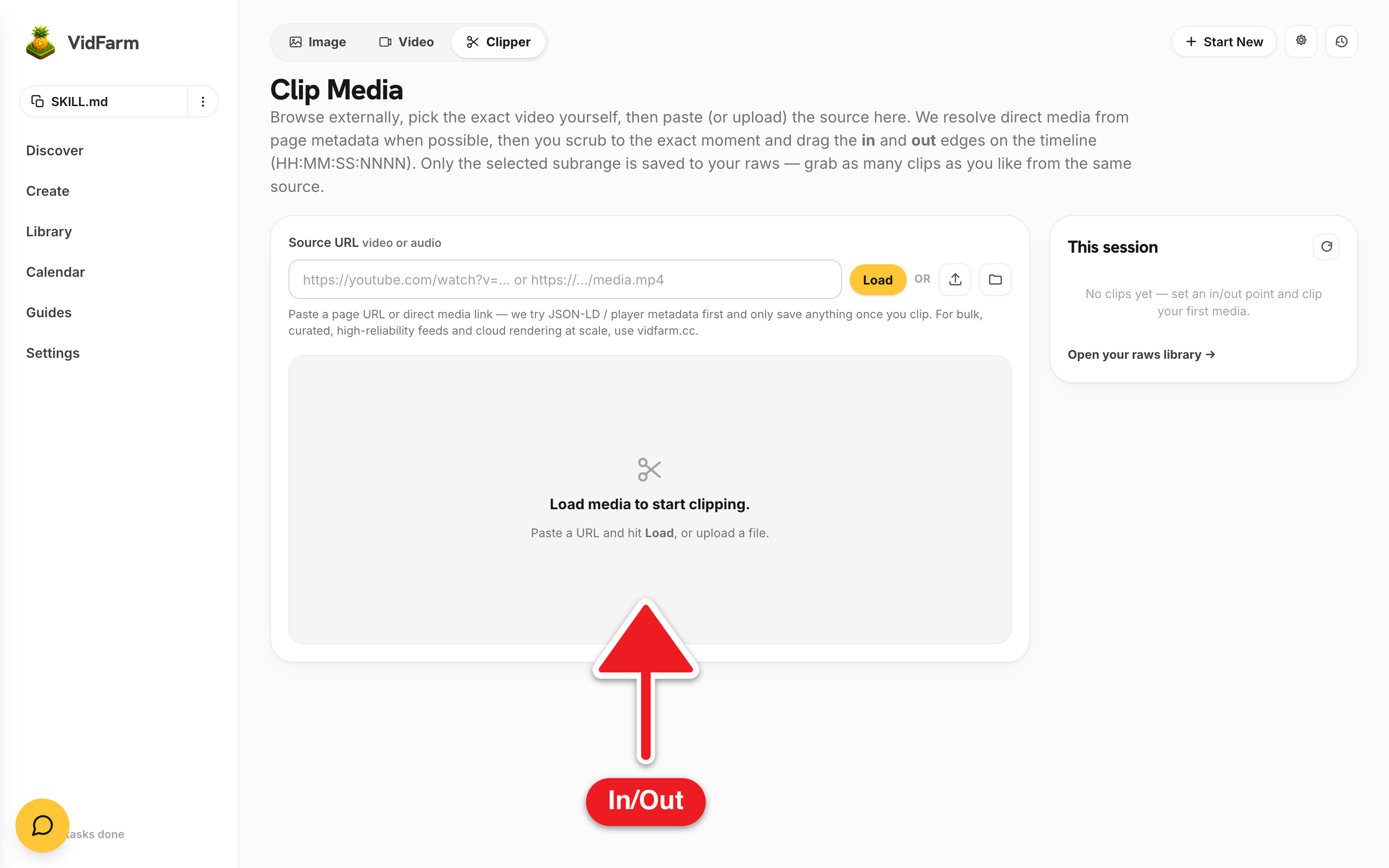 The /tools/clipper 'Clip Media' page with a video loaded: a player above a single-track timeline showing a highlighted selection band between two draggable In and Out handles, an HH:MM:SS:NNNN current-time input, a Length readout showing '0:03.5 (3.50s)', and a 'Clip Media' save button.