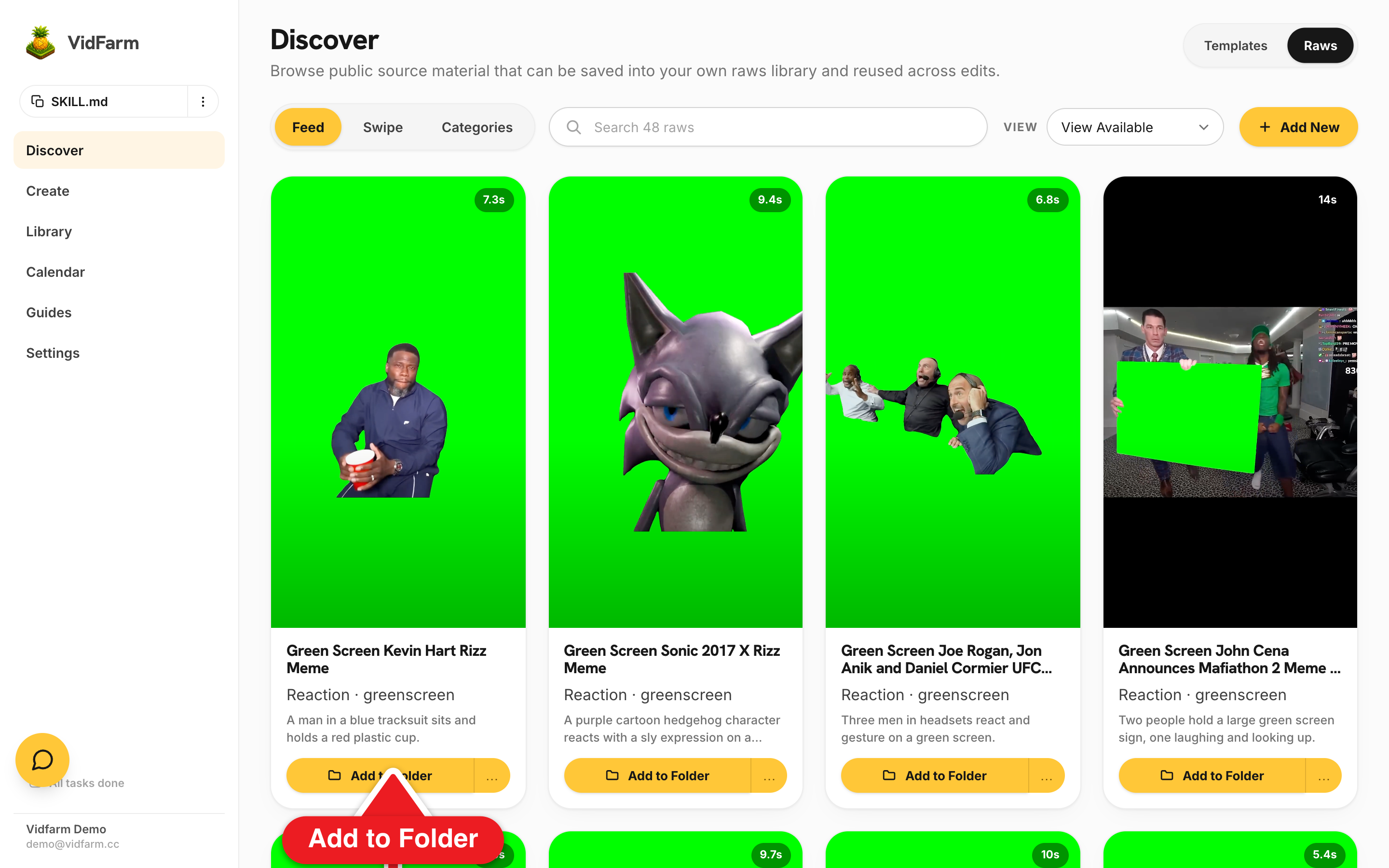 The /discover/raws/feed page: a grid of vertical raw video cards each with a duration chip and sound toggle, with the Templates | Raws section tabs and Feed | Swipe | Categories mode tabs across the top, and a gold 'Add to Folder' button on one card.