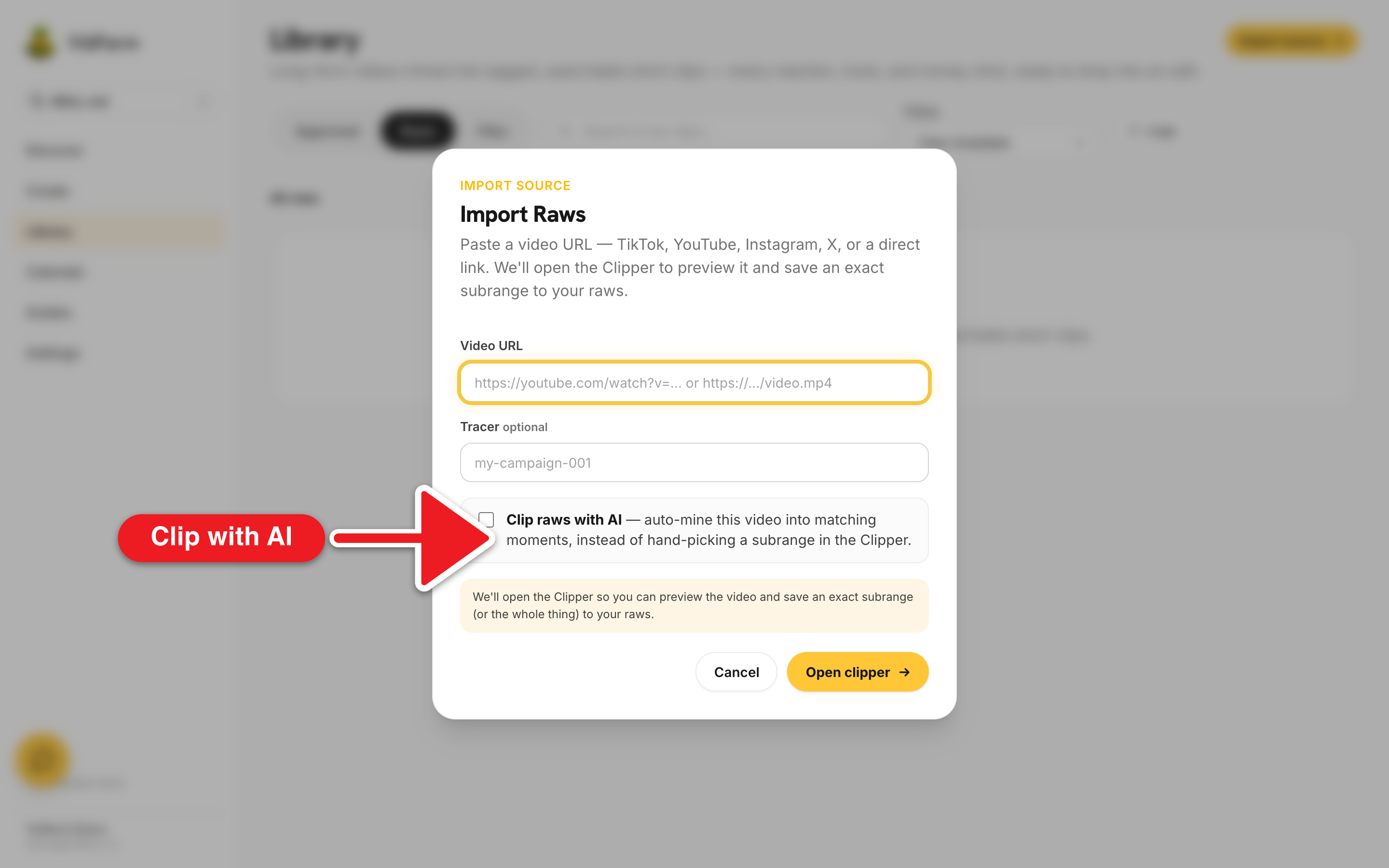 The Import Raws modal on /library/raws: a 'Video URL' field with placeholder https://youtube.com/watch?v=…, a Tracer field, and a prominent 'Clip raws with AI' checkbox described as 'auto-mine this video into matching moments, instead of hand-picking a subrange in the Clipper', with an 'Open clipper →' submit button.