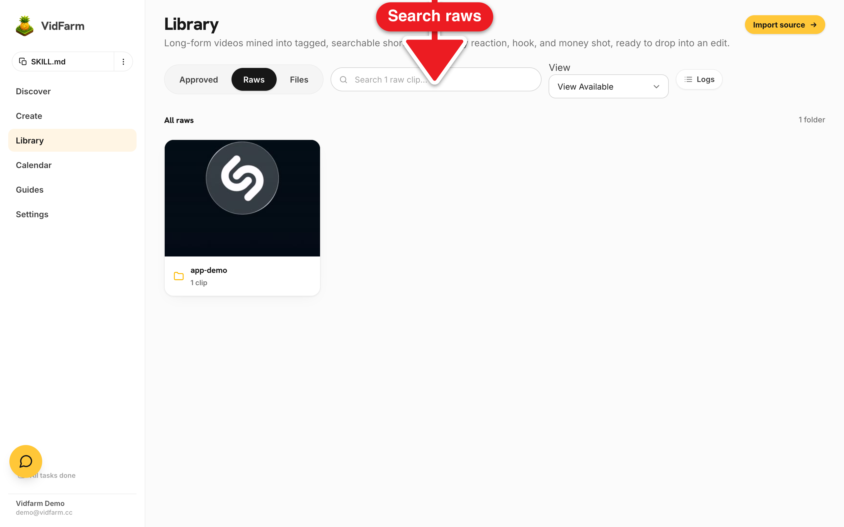 The /library/raws page showing mined clips grouped into source folders, a 'Search raw clips…' search bar, a view-filter dropdown with 'View Bookmarks' and 'View Archived' options, and per-clip cards each with a Download link and a kebab menu.