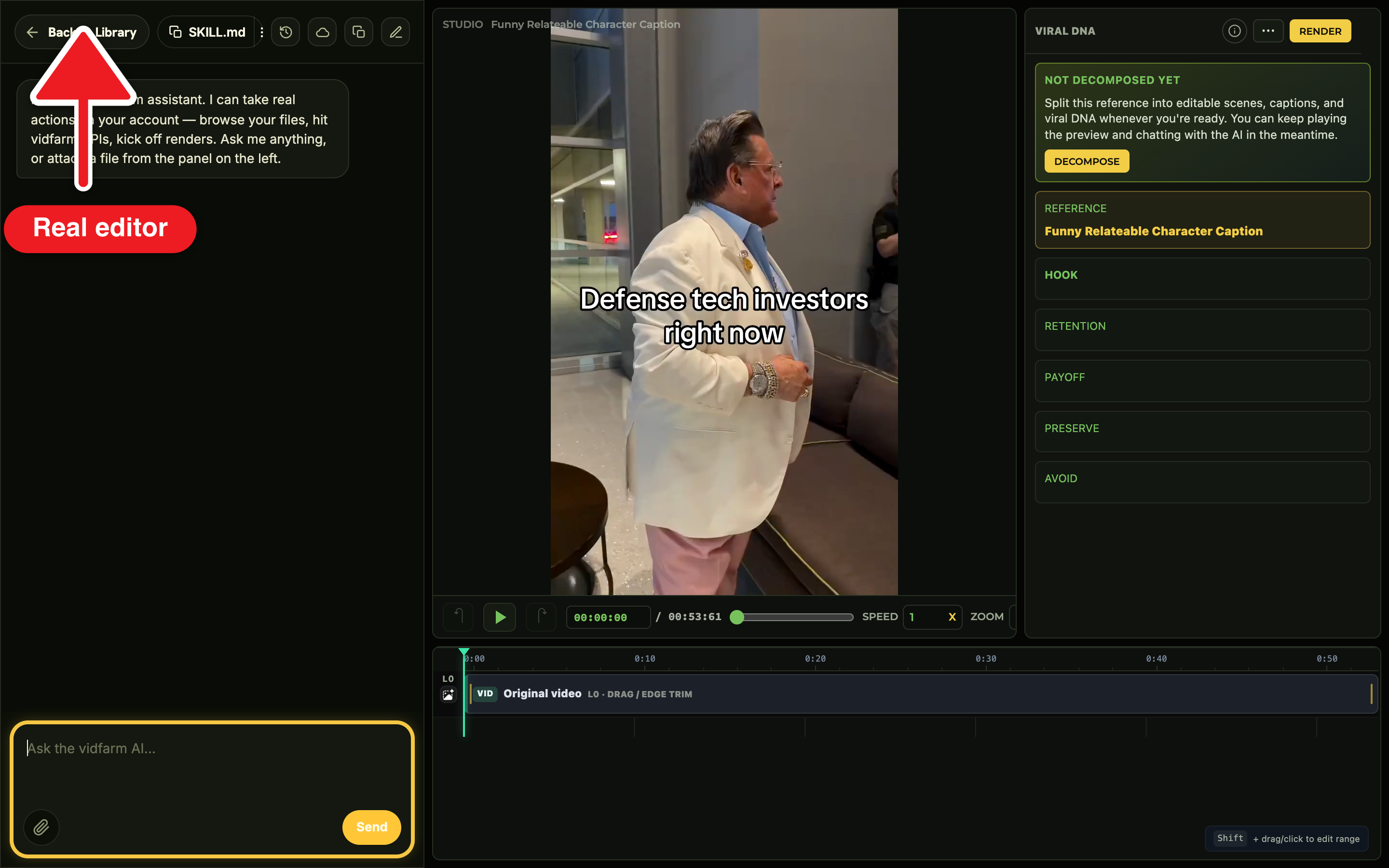 The full VidFarm Trackpad editor running at localhost:3000 after vidfarm serve — timeline, canvas, and chat dock, pre-authed on a local fork.