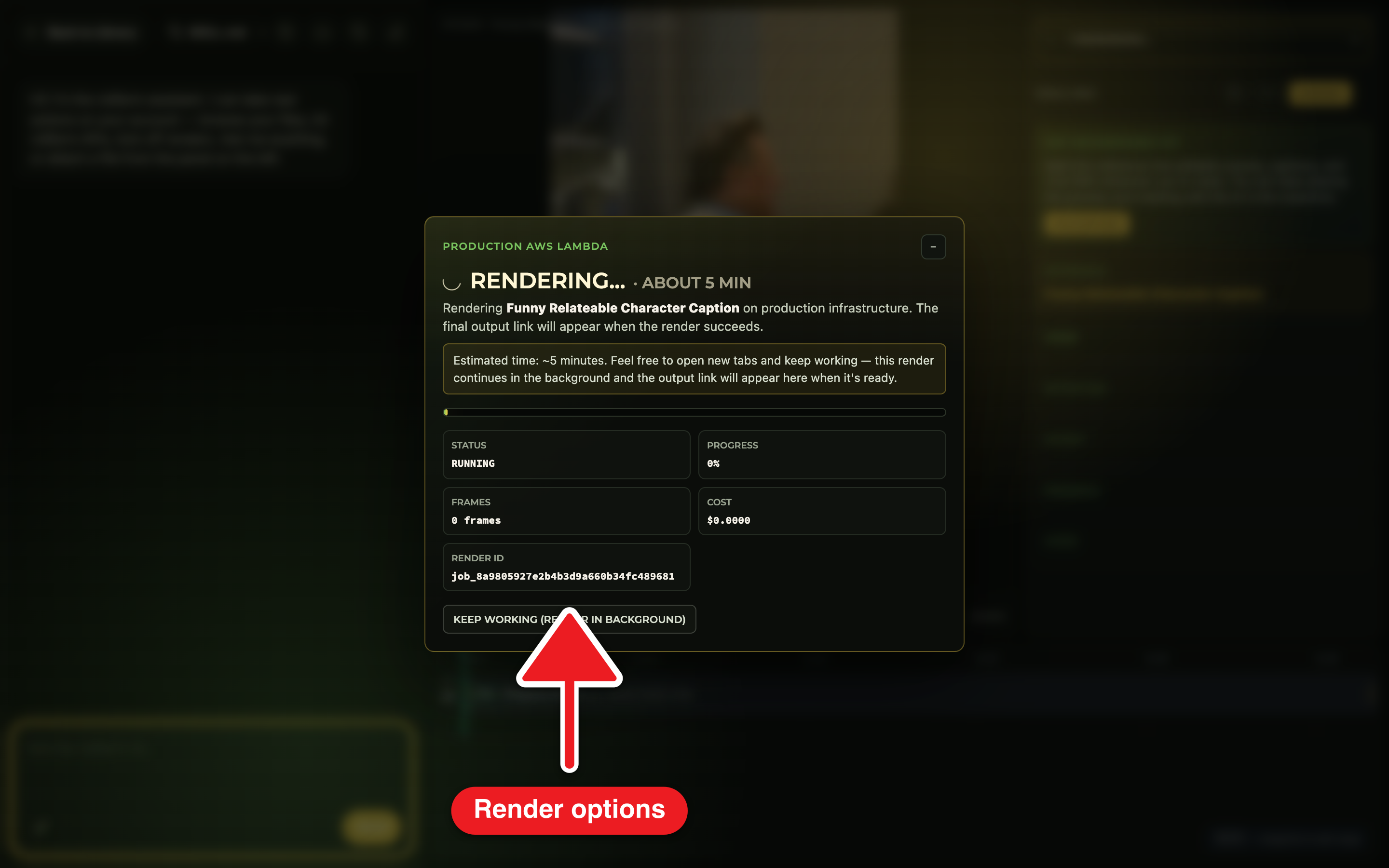 The editor's Render button expanded into a popover with two options: 'Render Local (Free)' with an in-process HyperFrames badge, and 'Render in Cloud' noting it bills the wallet.