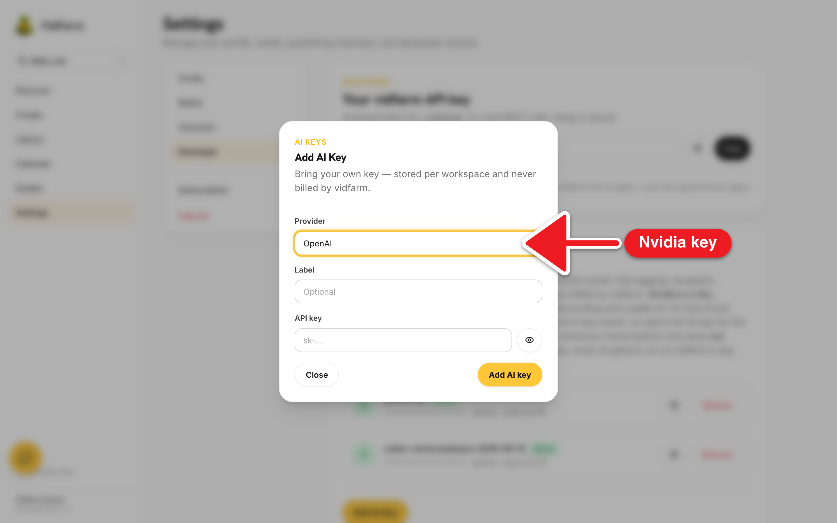 The Settings → Developer 'Add AI Key' dialog with the provider dropdown open, highlighting 'Nvidia (clipping only)' among OpenAI, Gemini, OpenRouter, and ElevenLabs (audio only).