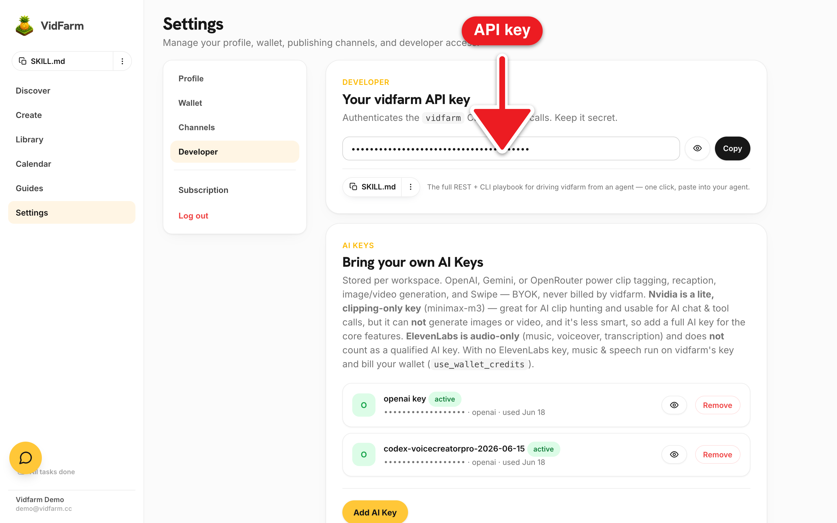 The Settings → Developer tab: a 'Your vidfarm API key' card with Reveal and Copy buttons, a one-click 'agent skill' install control, and a 'Bring your own AI Keys' section with a provider dropdown showing OpenAI, Gemini, OpenRouter, Nvidia (clipping only), and ElevenLabs (audio only).