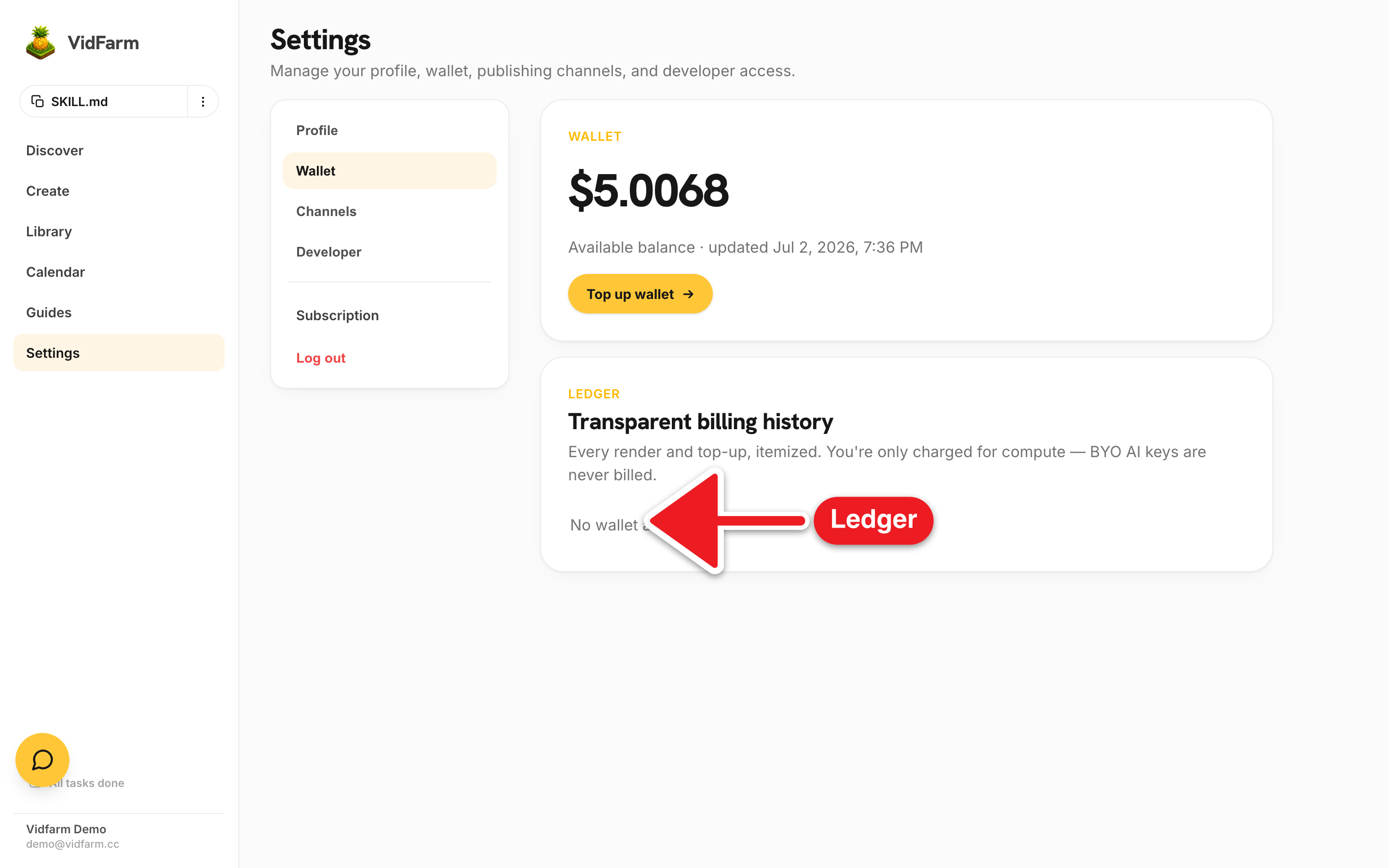 The Wallet tab's Transparent billing history ledger: a large balance number reading $12.3400 with a 'Top up wallet →' button, above a list of itemized rows — a green '+ Wallet top-up' credit and several '− Timeline render usage' debits, each with a timestamp.