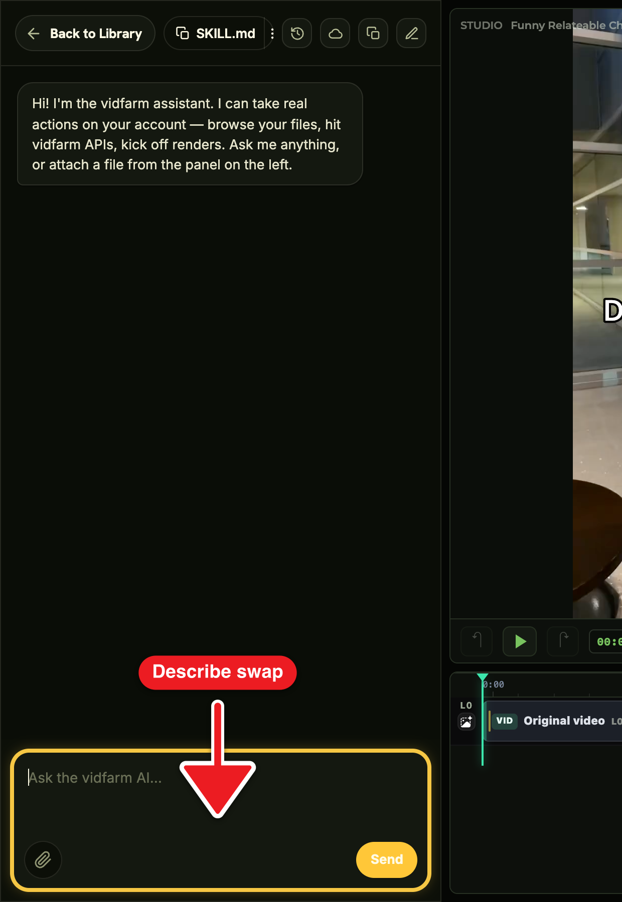 The editor's AI chat dock with the user's message 'replace scene 2 with a confused reaction clip from my raws' and the copilot's reply confirming it hunted a matching raw and applied set_layer_media to that scene.
